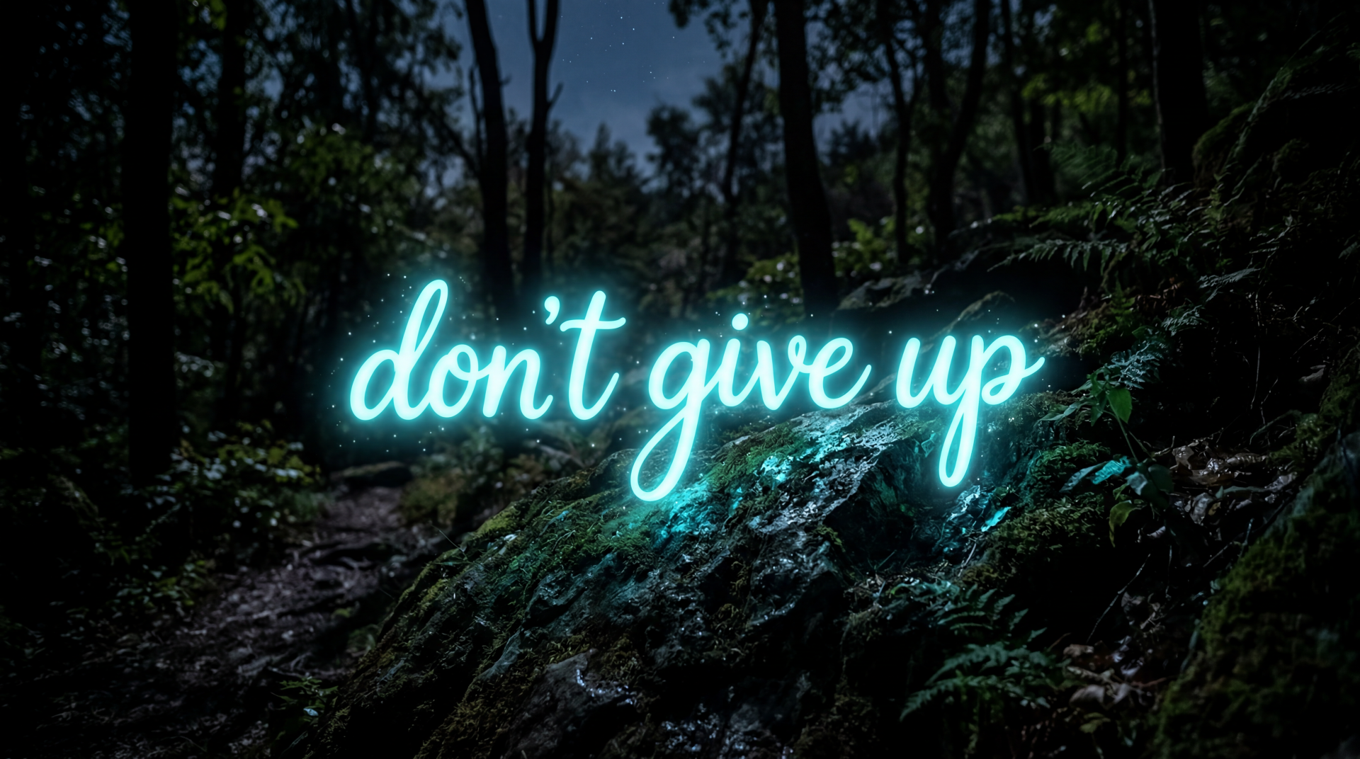 Neon don't give up script glowing over a shadowy forest — 5K Ultra HD PC desktop wallpaper/background.
