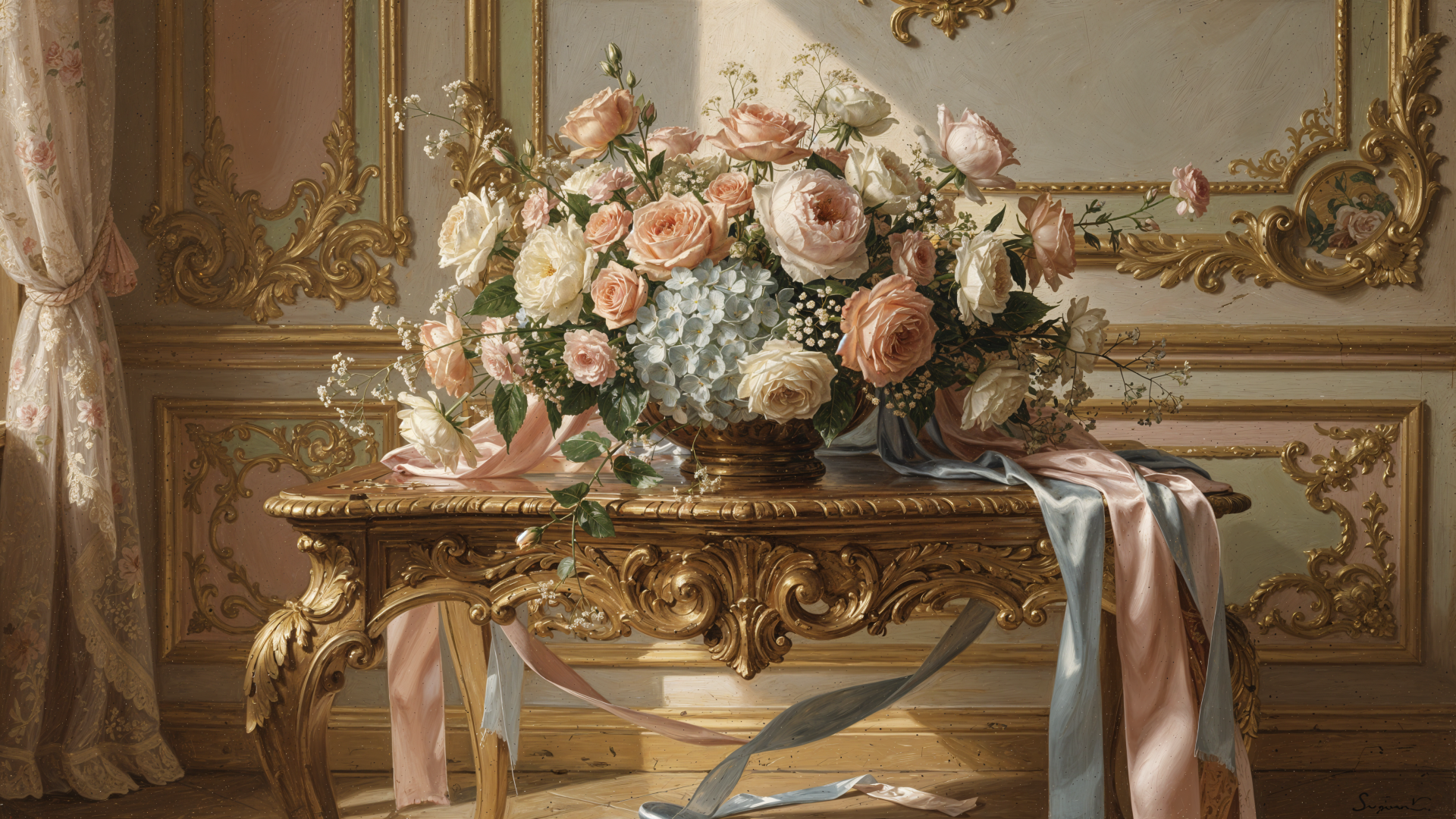 Wedding bouquet of blush roses and blue hydrangeas on an ornate gilded table with pastel ribbons, 4K Ultra HD PC desktop wallpaper and background.