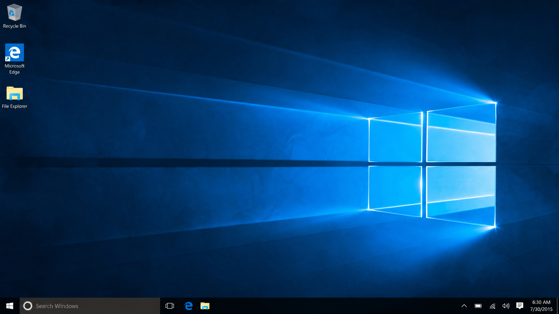 Windows 10 4K Ultra HD PC desktop wallpaper and background: glowing Windows logo emits blue light rays across a dark, textured desktop with visible taskbar.
