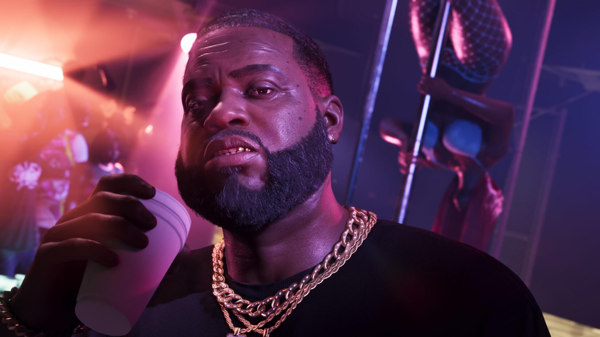 Boobie Ike from Grand Theft Auto VI in a neon-lit club, cup in hand and gold chains visible — 4K Ultra HD PC desktop wallpaper (Grand Theft Auto video game).