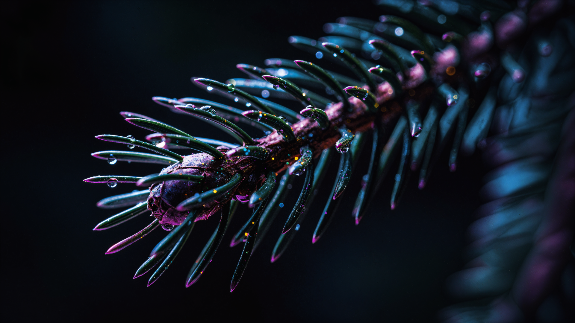 Macro close-up of an evergreen pine tip with dewdrops and jewel-toned lighting — 4K Ultra HD PC desktop wallpaper and background.
