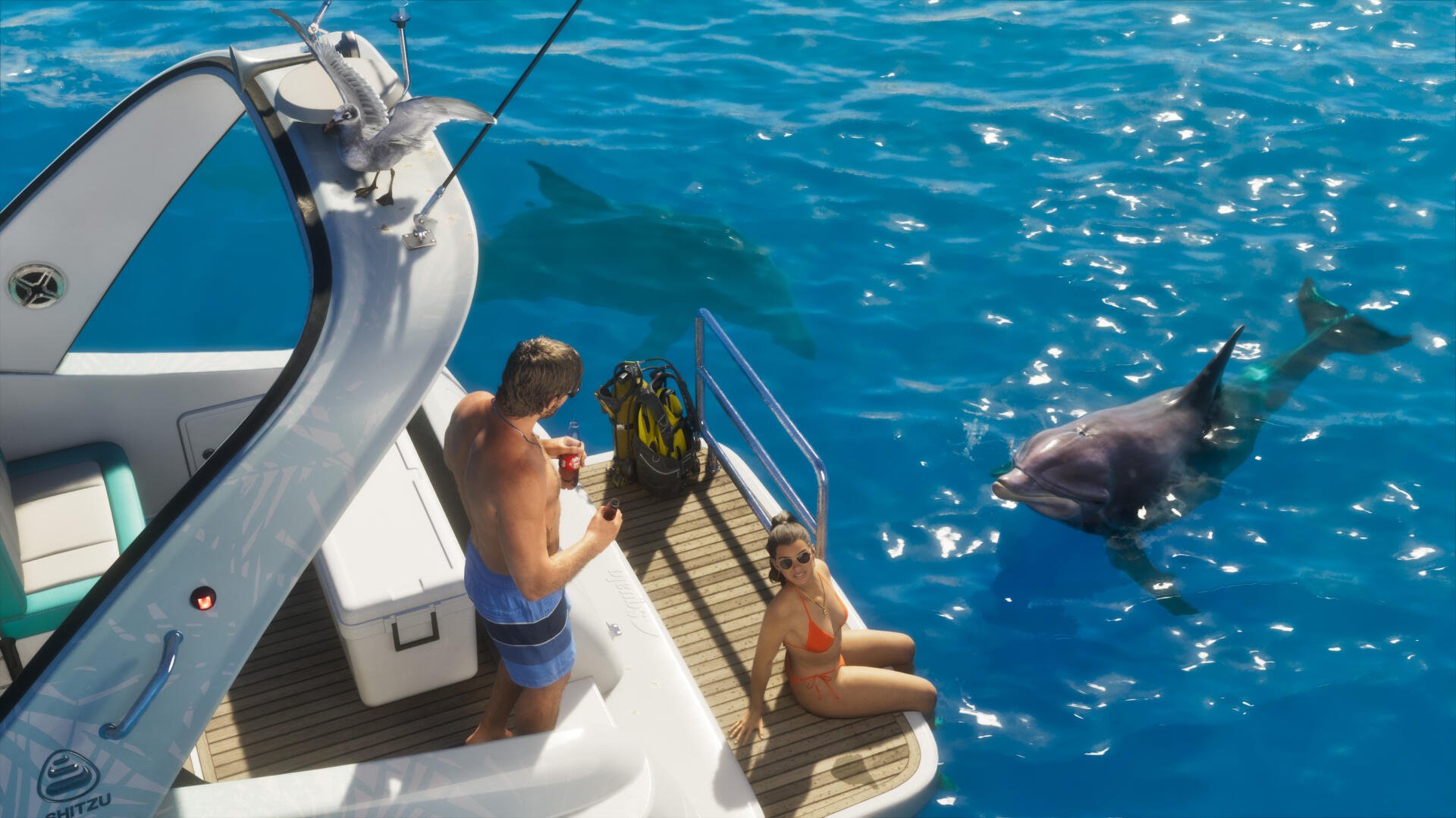 Grand Theft Auto video game — Grand Theft Auto VI screenshot: two characters on a yacht with a dolphin in clear blue water; 4K Ultra HD PC desktop wallpaper/background.