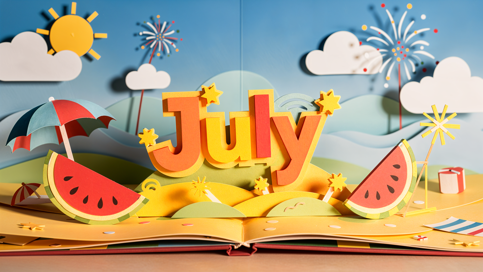 July 4K Ultra HD PC desktop wallpaper and background: bright pop-up book scene with bold July letters, sun, clouds, fireworks, waves and watermelon slices.