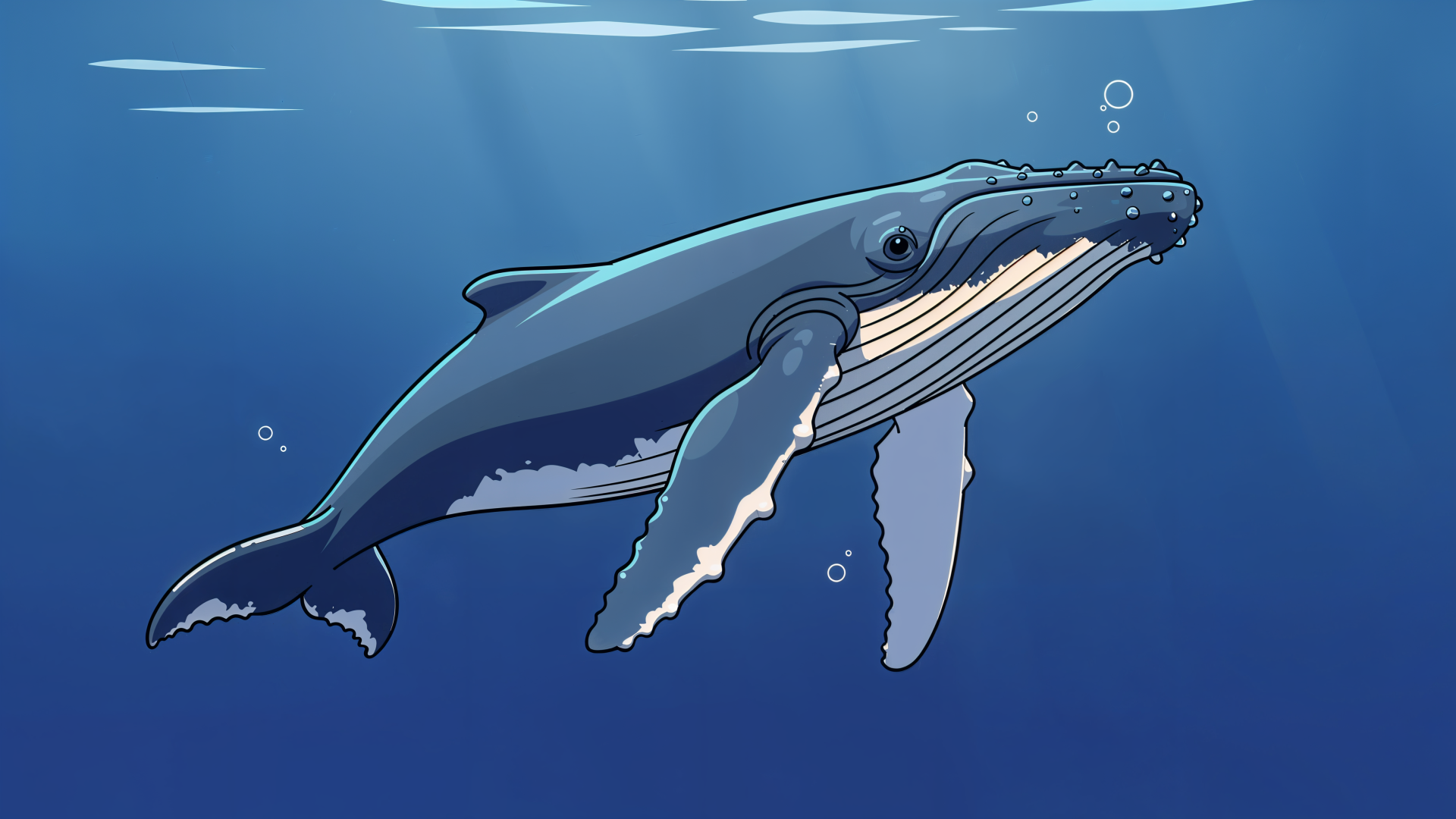 Illustrated humpback whale gliding beneath sunlit water with bubbles — 4K Ultra HD PC desktop wallpaper and background.