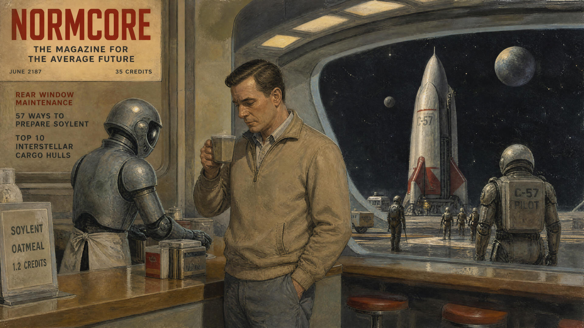 Normcore retro-futuristic 4K Ultra HD PC desktop wallpaper — man in plain sweater sips coffee at a space-diner counter as robot servers and a rocket appear outside a starry window.