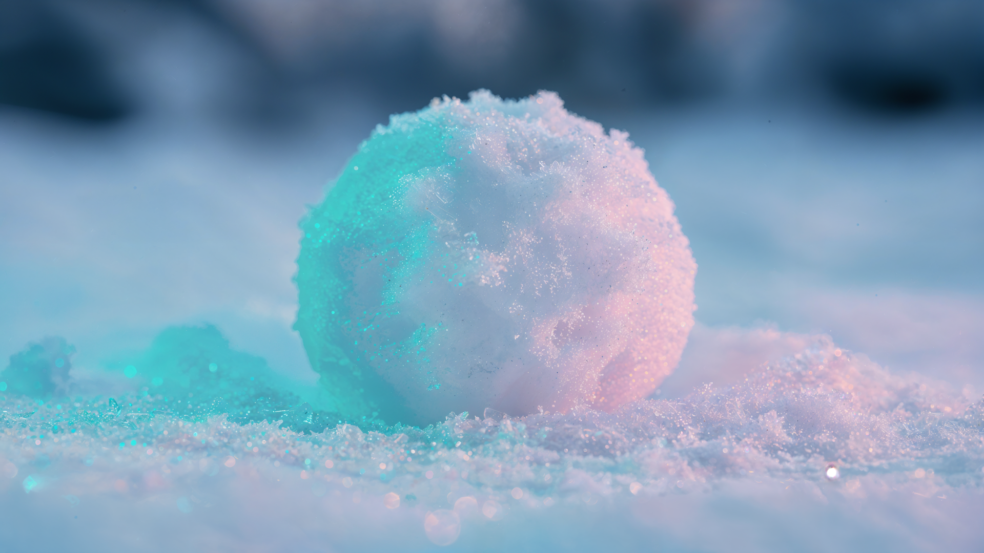 Close-up of a snowball resting on fresh snow, bathed in teal and pink light — 4K Ultra HD PC desktop wallpaper and background.