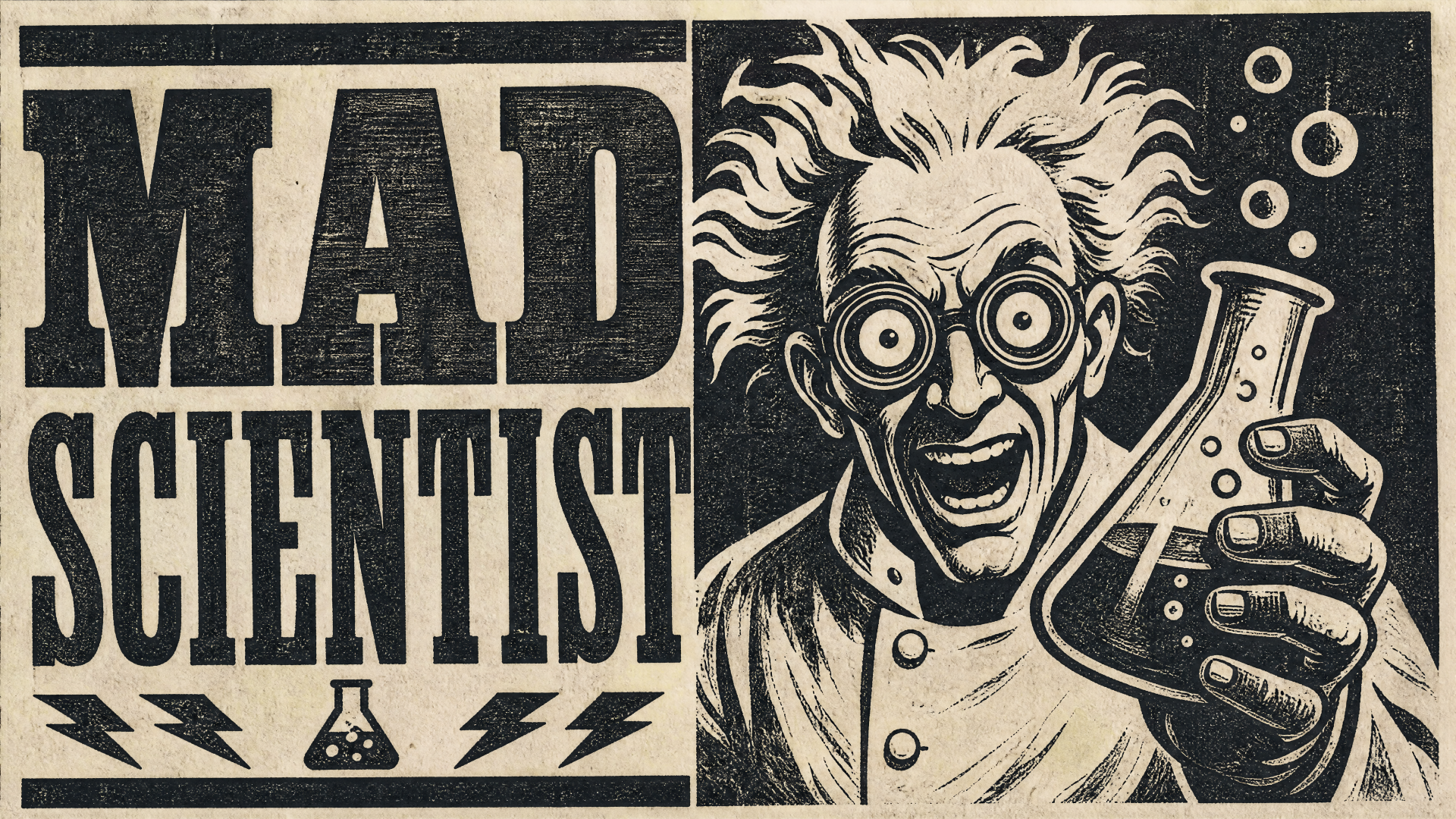 Retro mad scientist illustration holding a bubbling flask, bold 'MAD SCIENTIST' typography — 4K Ultra HD PC desktop wallpaper and background.