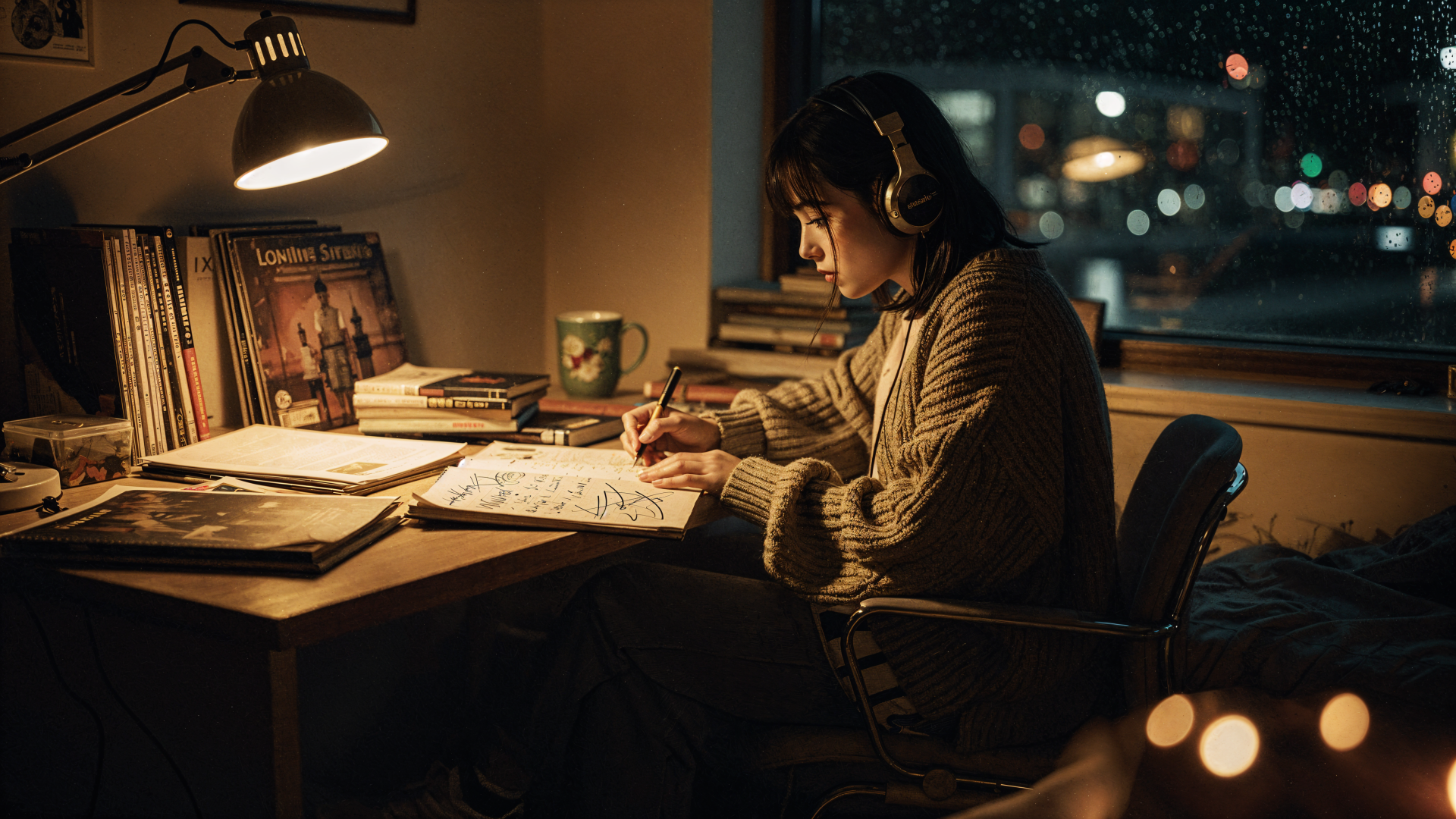 Sad lofi girl at a dim desk, headphones on, writing by a warm lamp with rain against the window — 4K Ultra HD PC desktop wallpaper