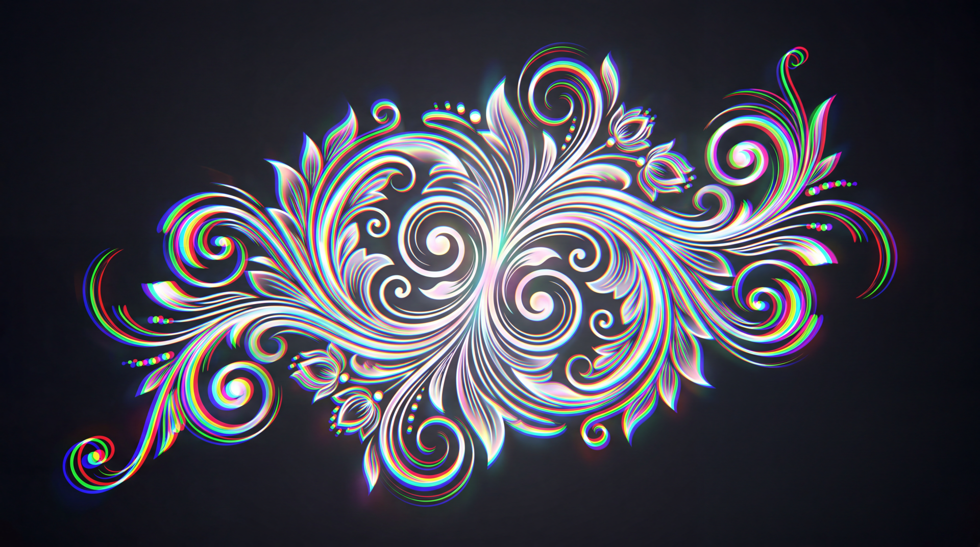 Iridescent artistic vector flourish of swirling filigree and leaves on a dark backdrop — ornate chromatic swirls, 5K Ultra HD PC desktop wallpaper and background.