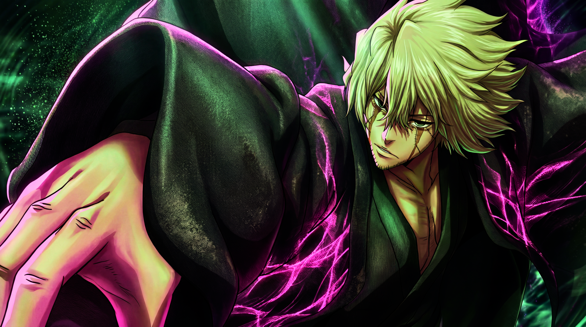5K Ultra HD PC wallpaper: Kisuke Urahara from Bleach: Thousand-Year Blood War unleashing bankai, teal-green hair, dark robe and crackling purple energy.