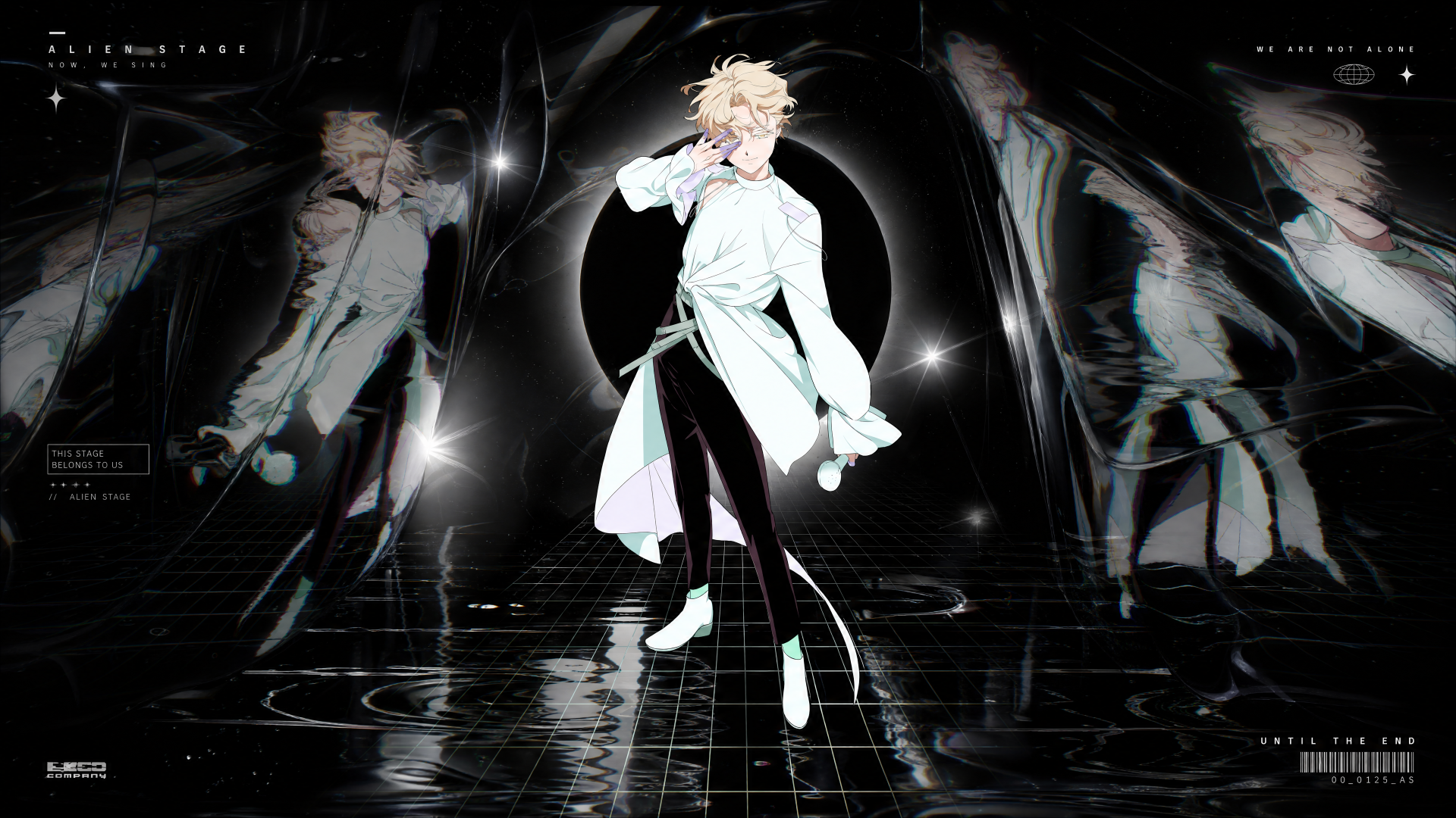 Alien Stage — blond figure in a white coat on a reflective black stage with an eclipse and sci-fi lights; 4K Ultra HD PC desktop wallpaper and background.