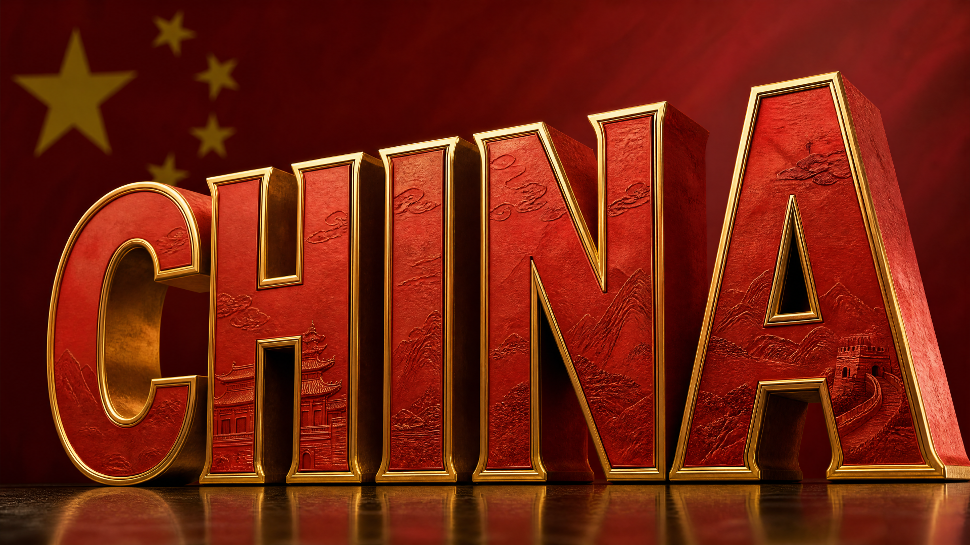 4K Ultra HD PC desktop wallpaper: bold 3D gold-edged red letters spelling CHINA with subtle map texture and a faded Chinese flag backdrop.