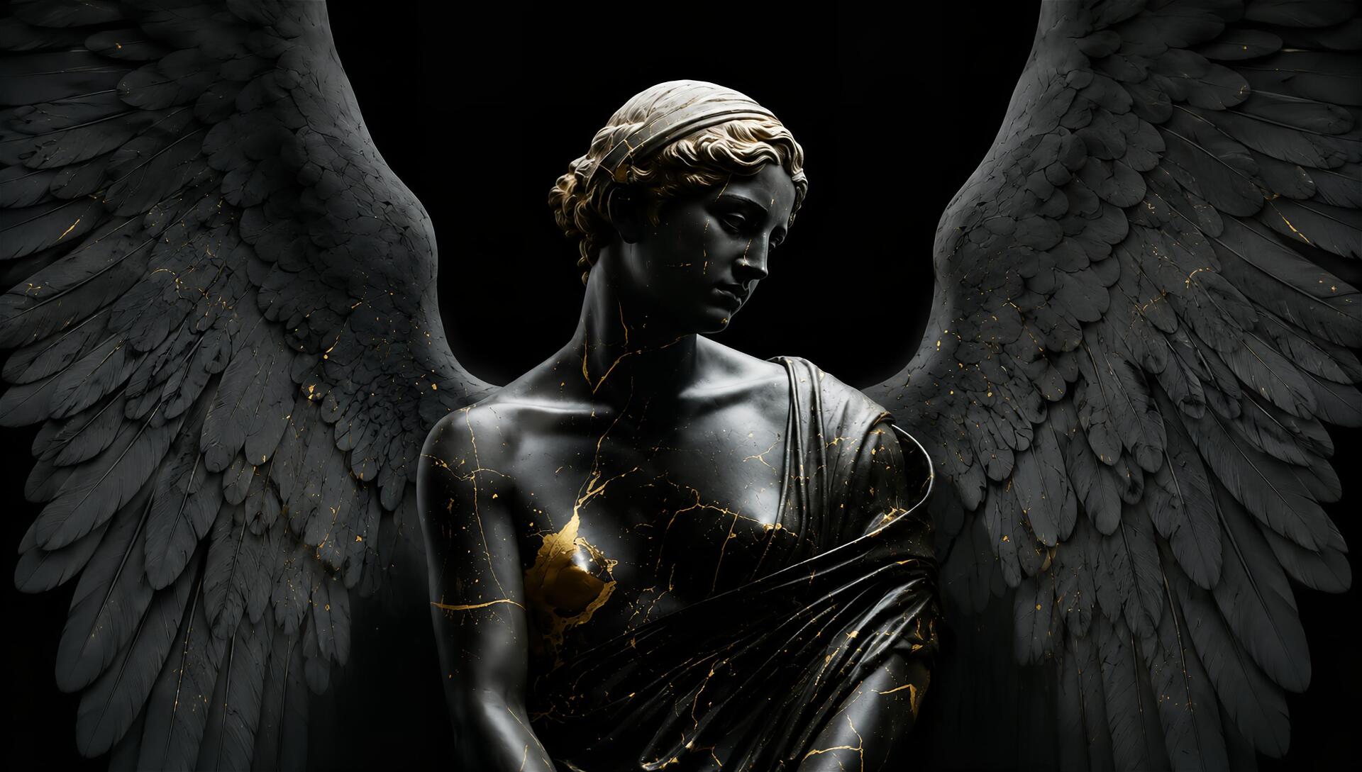 Dark artistic angel statue with outstretched wings, black marble texture and gold veins, dramatic lighting — 2K Quad HD PC desktop wallpaper/background.