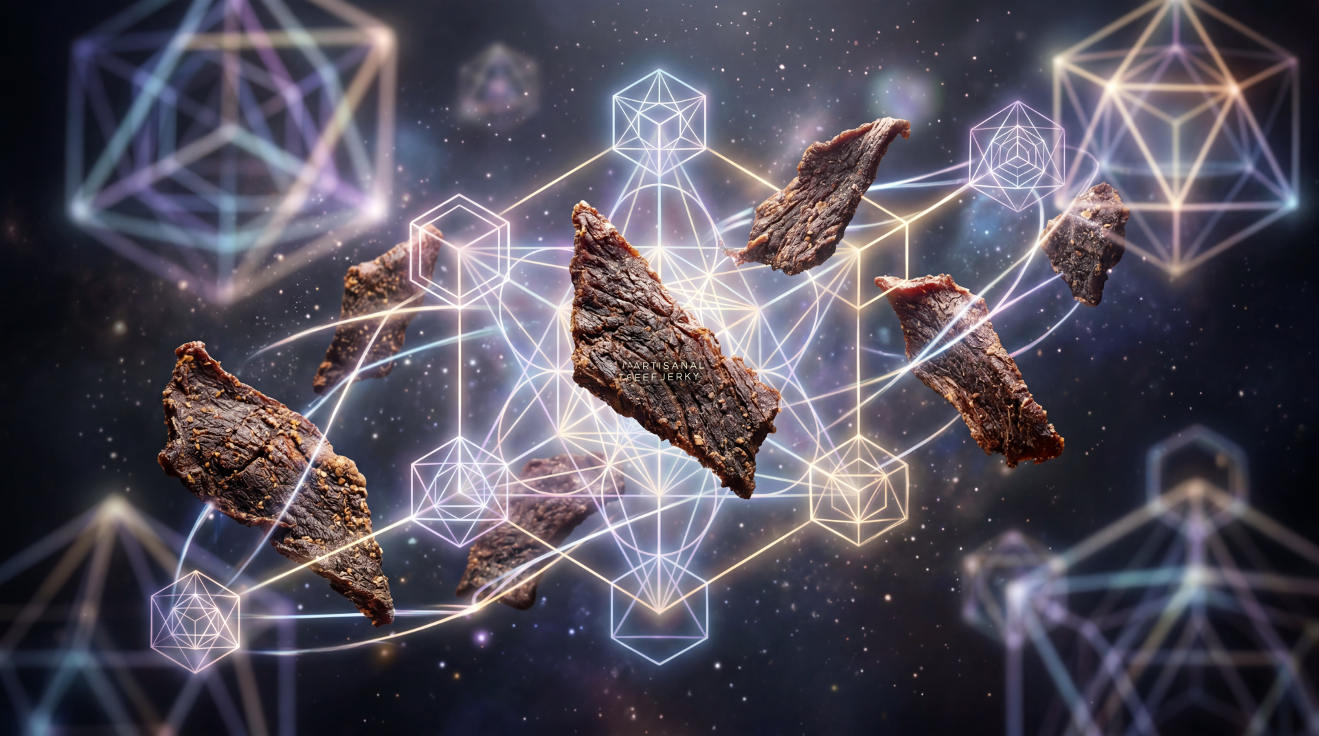 Beef jerky pieces float through a cosmic starfield with glowing geometric wireframe cubes and hexagons — 5K Ultra HD PC desktop wallpaper/background.