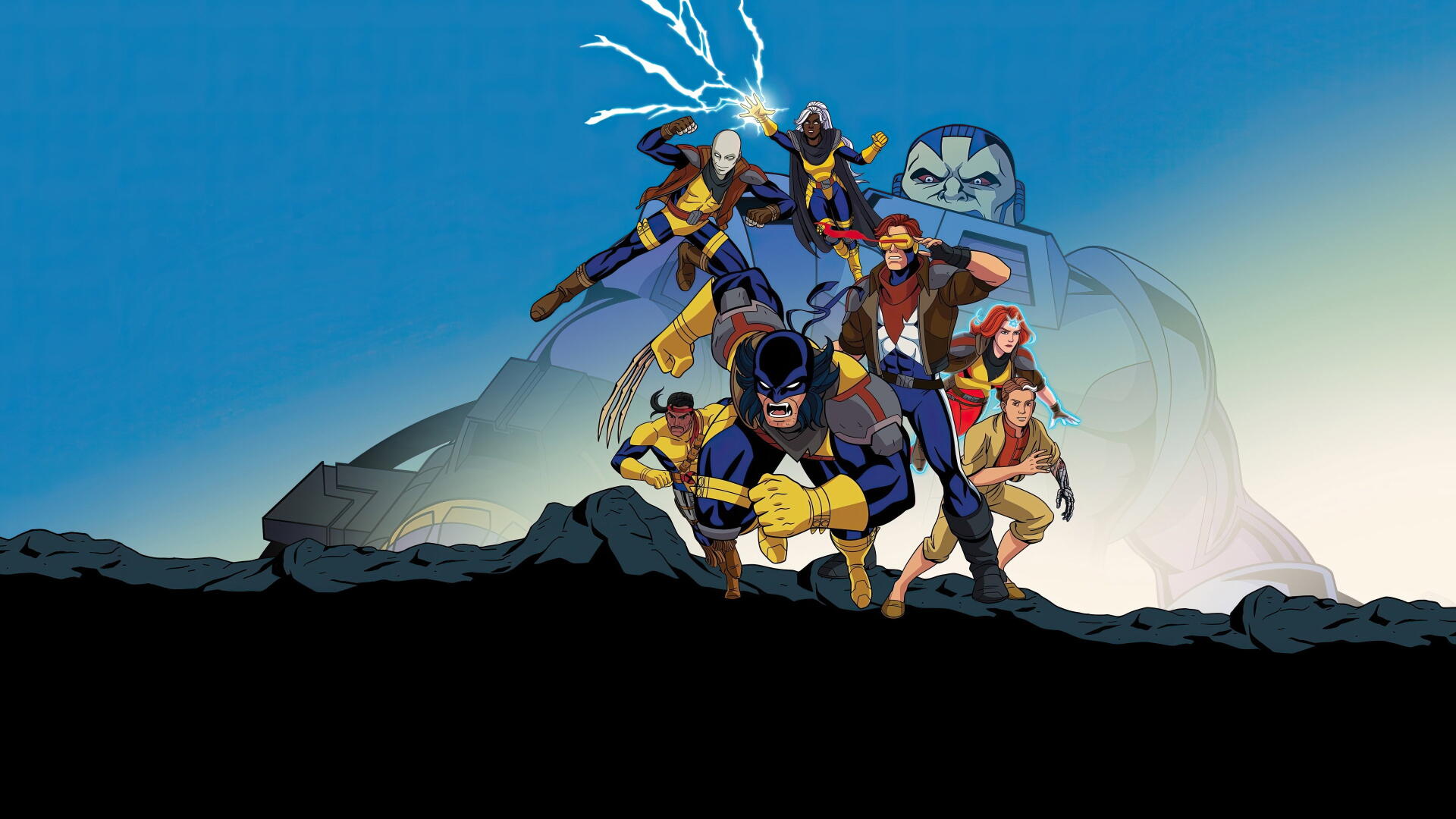 X‑Men '97 4K Ultra HD PC desktop wallpaper: animated X‑Men team posed on a rocky ridge — Cyclops front with Storm, Wolverine, Jean Grey, Gambit and Beast under a bright blue sky.