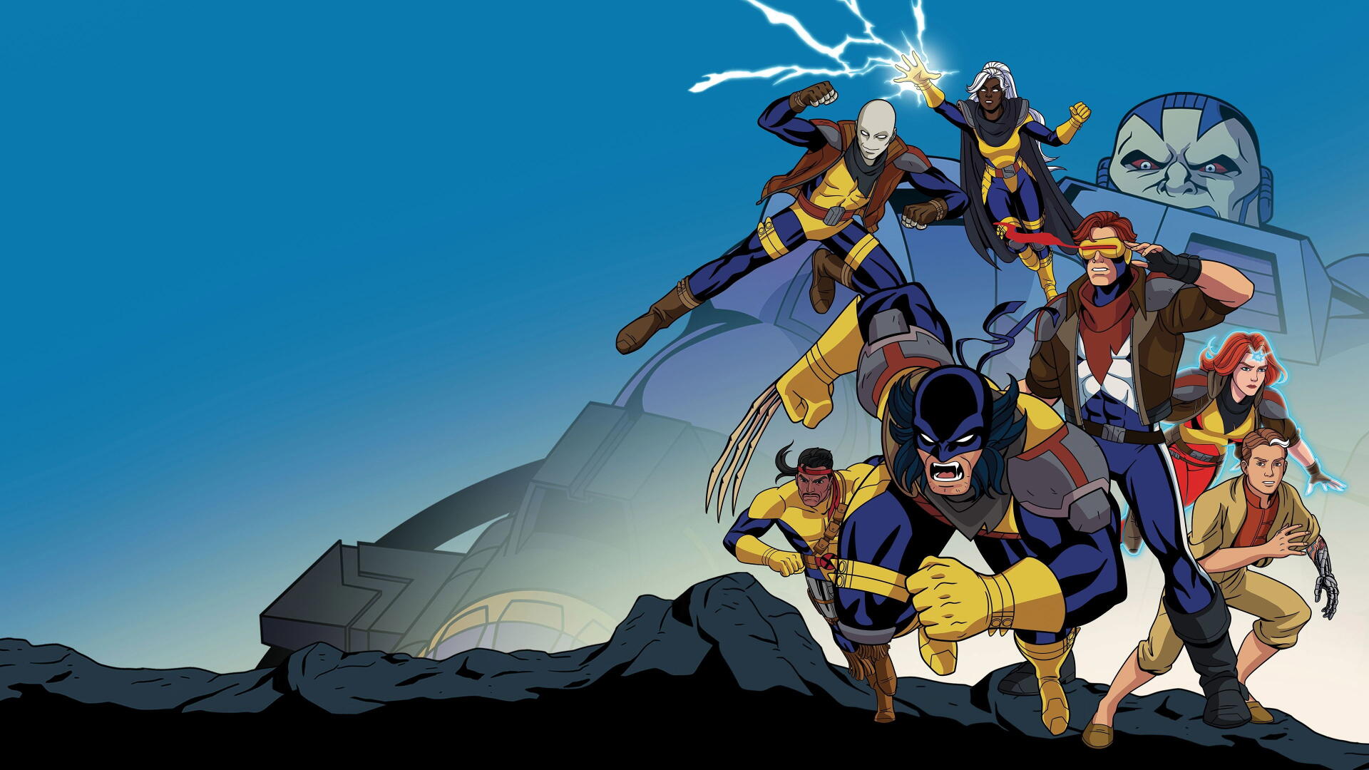 X‑Men '97 team in dynamic action poses on a rocky outcrop with a Sentinel head and ship behind them — 4K Ultra HD PC desktop wallpaper and background.