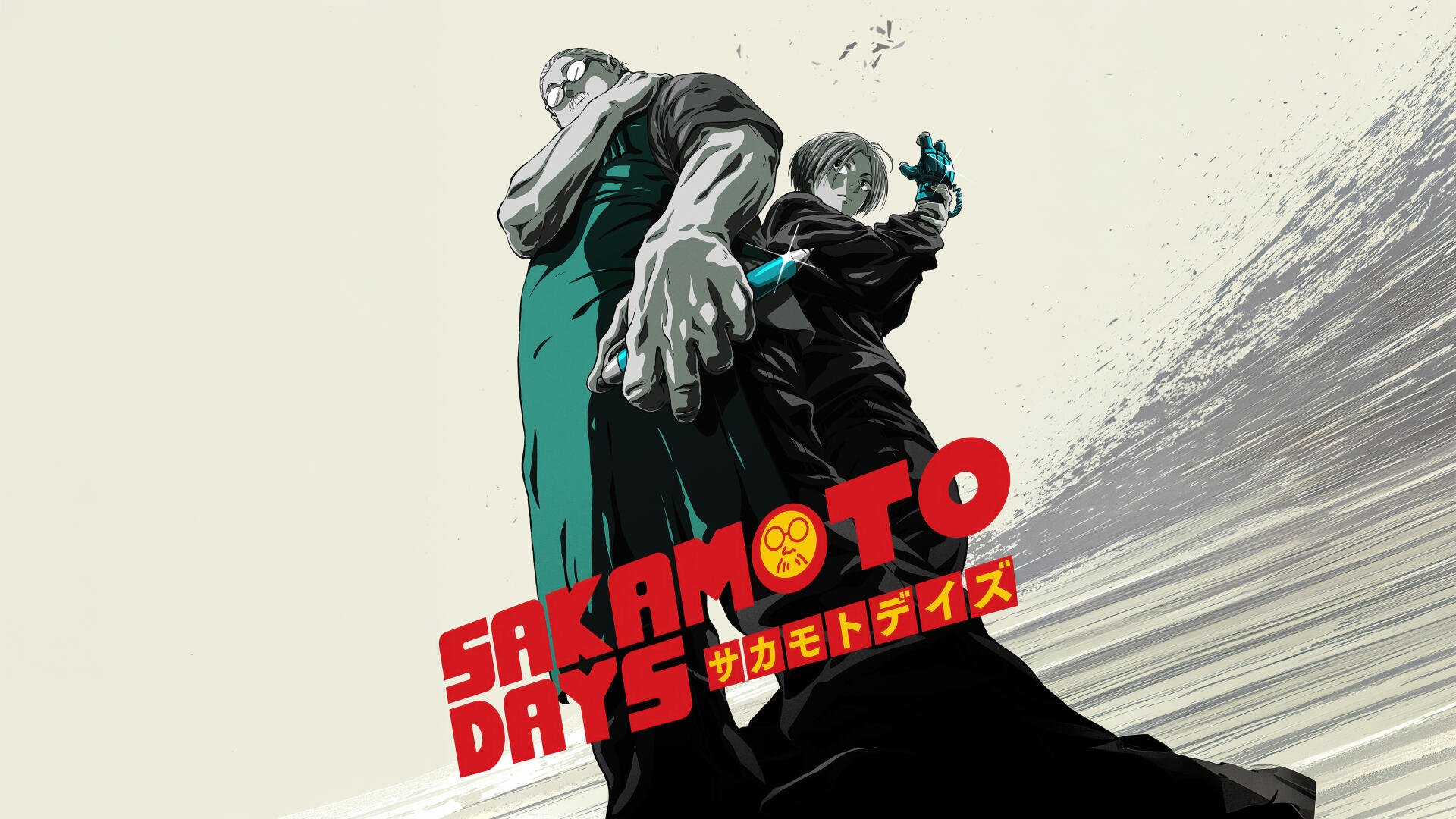 Two Sakamoto Days characters stand back-to-back in bold stylized art with the series logo and dynamic brushstroke background — 5K Ultra HD PC desktop wallpaper and background.
