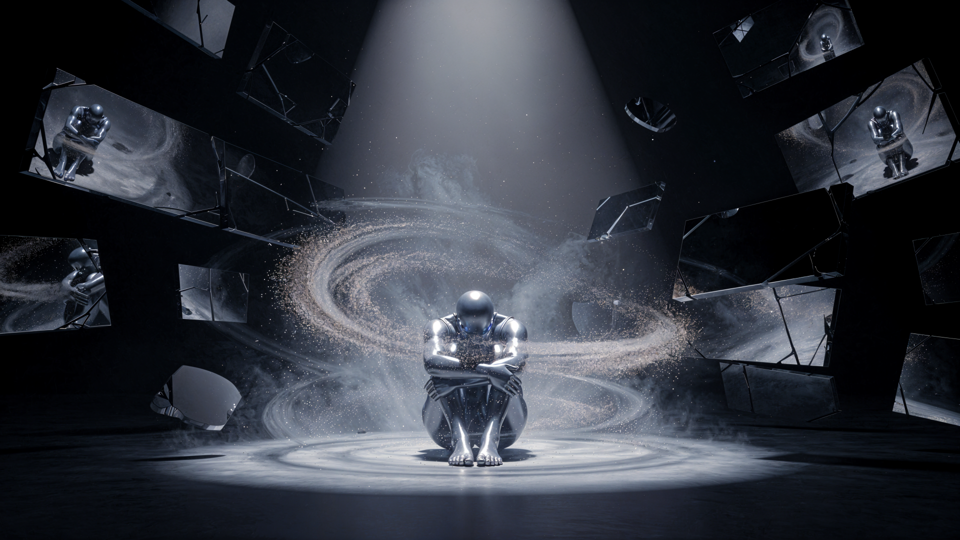 4K Ultra HD PC desktop wallpaper background I hate myself: reflective humanoid crouches in a spotlight as swirling dust and cracked mirrors encircle a dark, fragmented chamber.