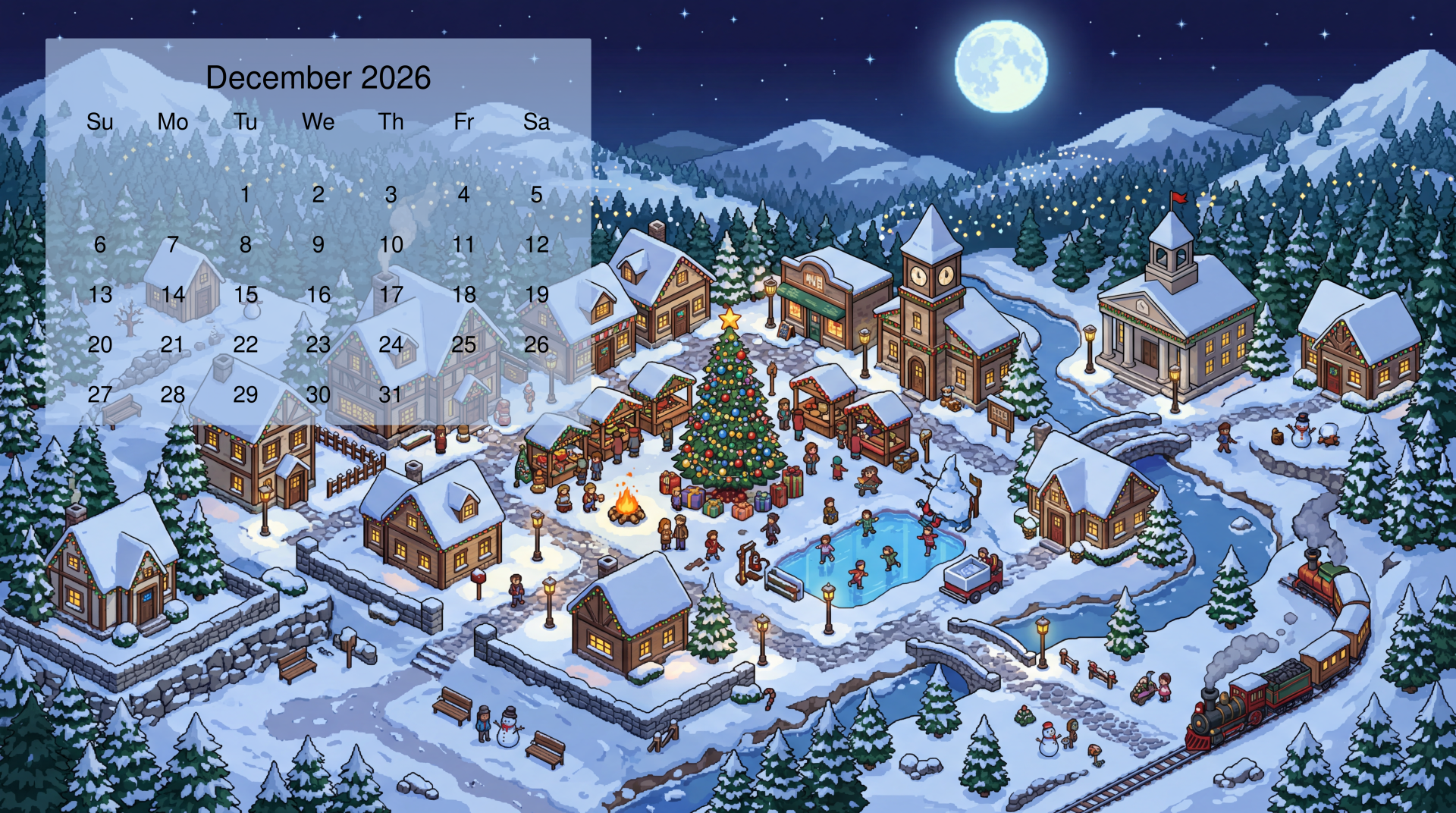 December 2026 calendar over a 5K Ultra HD PC desktop wallpaper showing a snowy mountain village at night with a lit Christmas tree, ice rink and full moon.