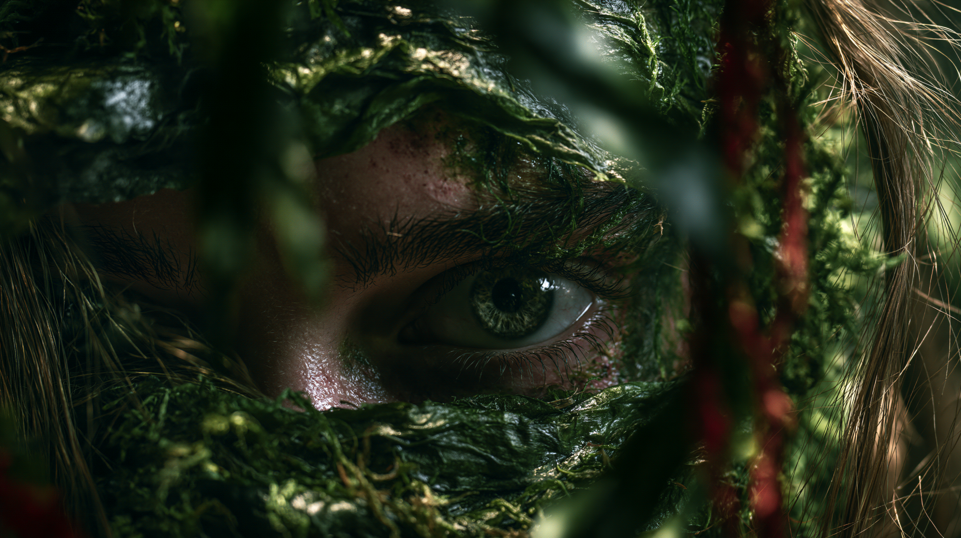 Close-up of an eye peering through moss and leaves, a camouflaged face in shadowy green tones — 2K Quad HD PC desktop wallpaper and background.