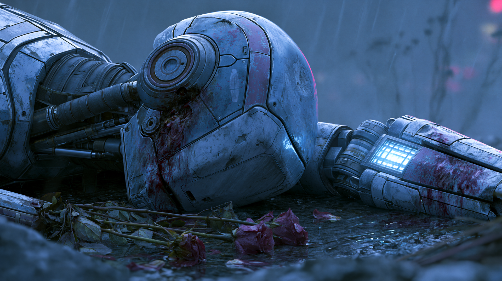 Sci‑fi scene of a damaged humanoid robot lying on wet ground among wilted roses, blood and scrapes, cold blue lighting — 2K Quad HD PC desktop wallpaper/background.