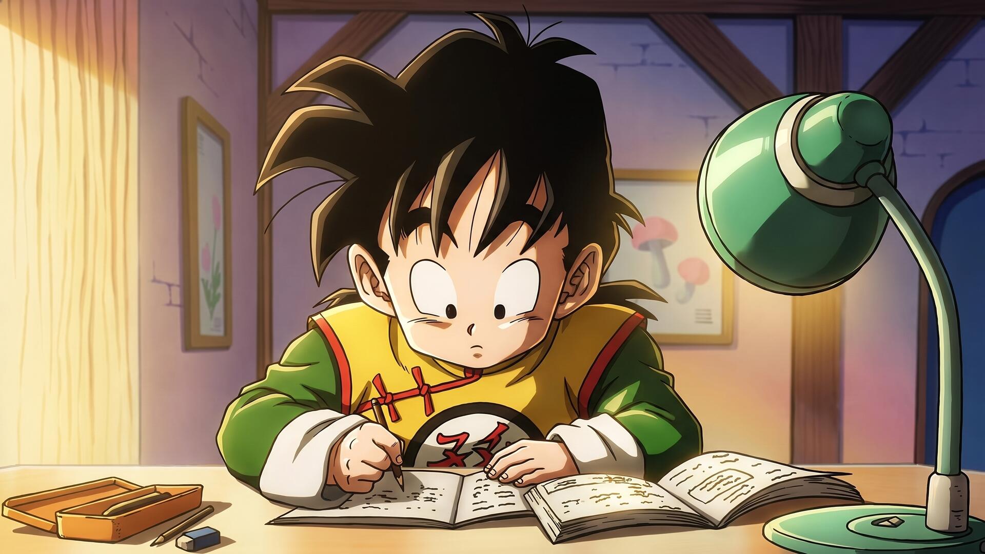 HD PC desktop wallpaper of Gohan from Dragon Ball Z: anime scene showing him studying at a wooden desk, focused on open notebooks under a green lamp in a cozy room.