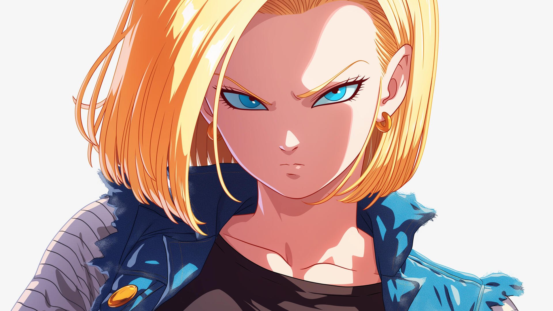 4K Ultra HD PC desktop wallpaper of Anime Android 18: close-up portrait with piercing blue eyes, short blonde hair, leather jacket and intense stare.