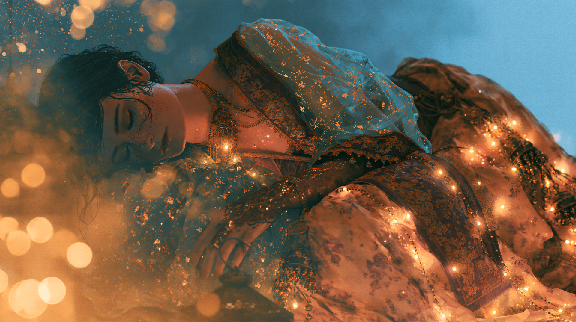 2K Quad HD desktop wallpaper: a sleeping woman wrapped in glittering fabric amid warm bokeh lights against a dreamy blue backdrop.