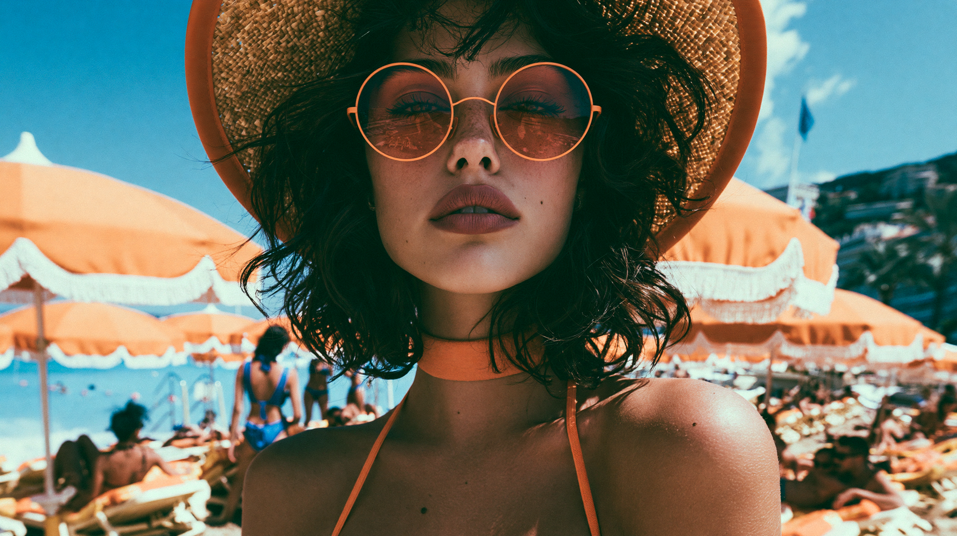Woman in a straw hat and round sunglasses at a sunny, crowded beach — vibrant 2K Quad HD PC desktop wallpaper and background.