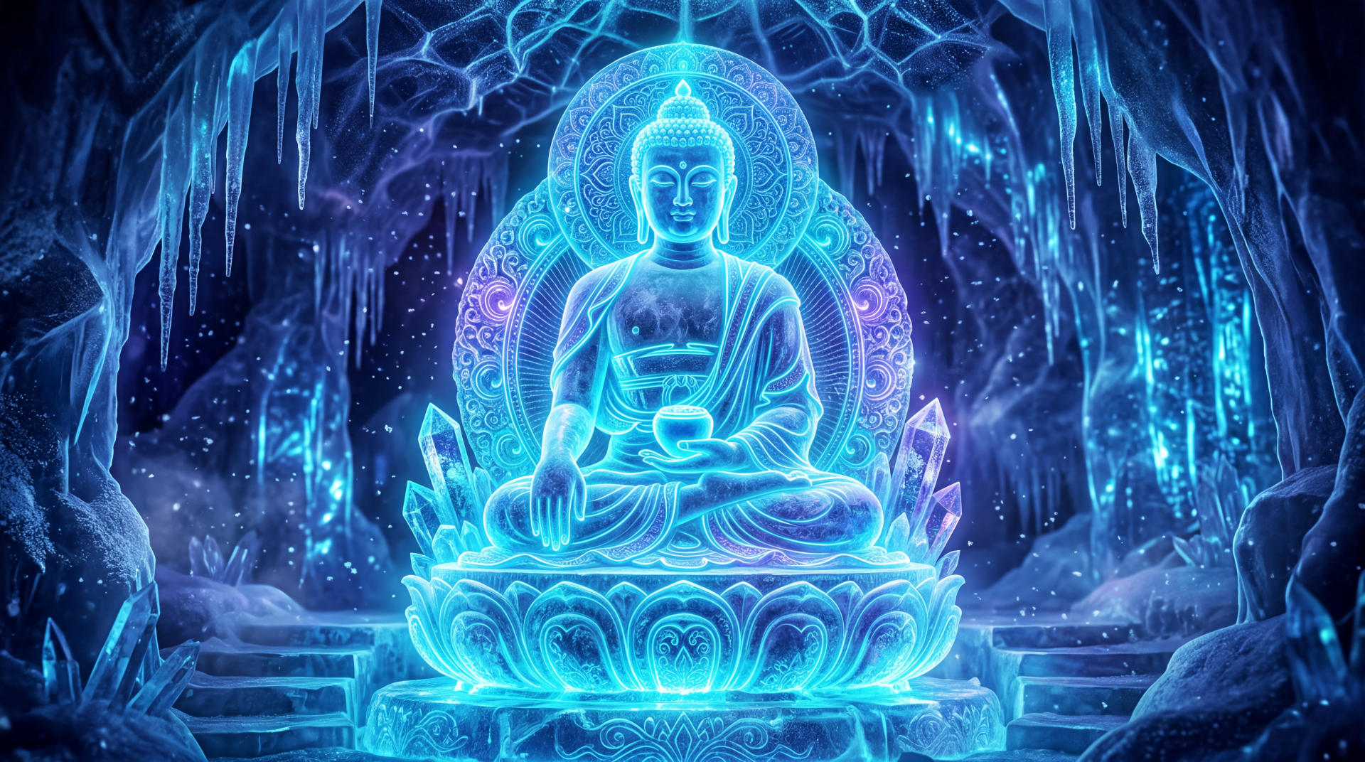 Neon-blue crystalline Buddha in lotus pose within an icy cavern, ethereal halo and glowing crystals — 5K Ultra HD PC desktop wallpaper and background.