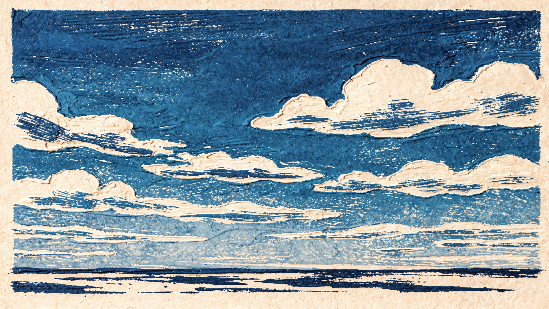 4K Ultra HD PC desktop wallpaper background showing a stylized blue sky with layered white clouds above a textured, painterly horizon in shades of blue and cream.