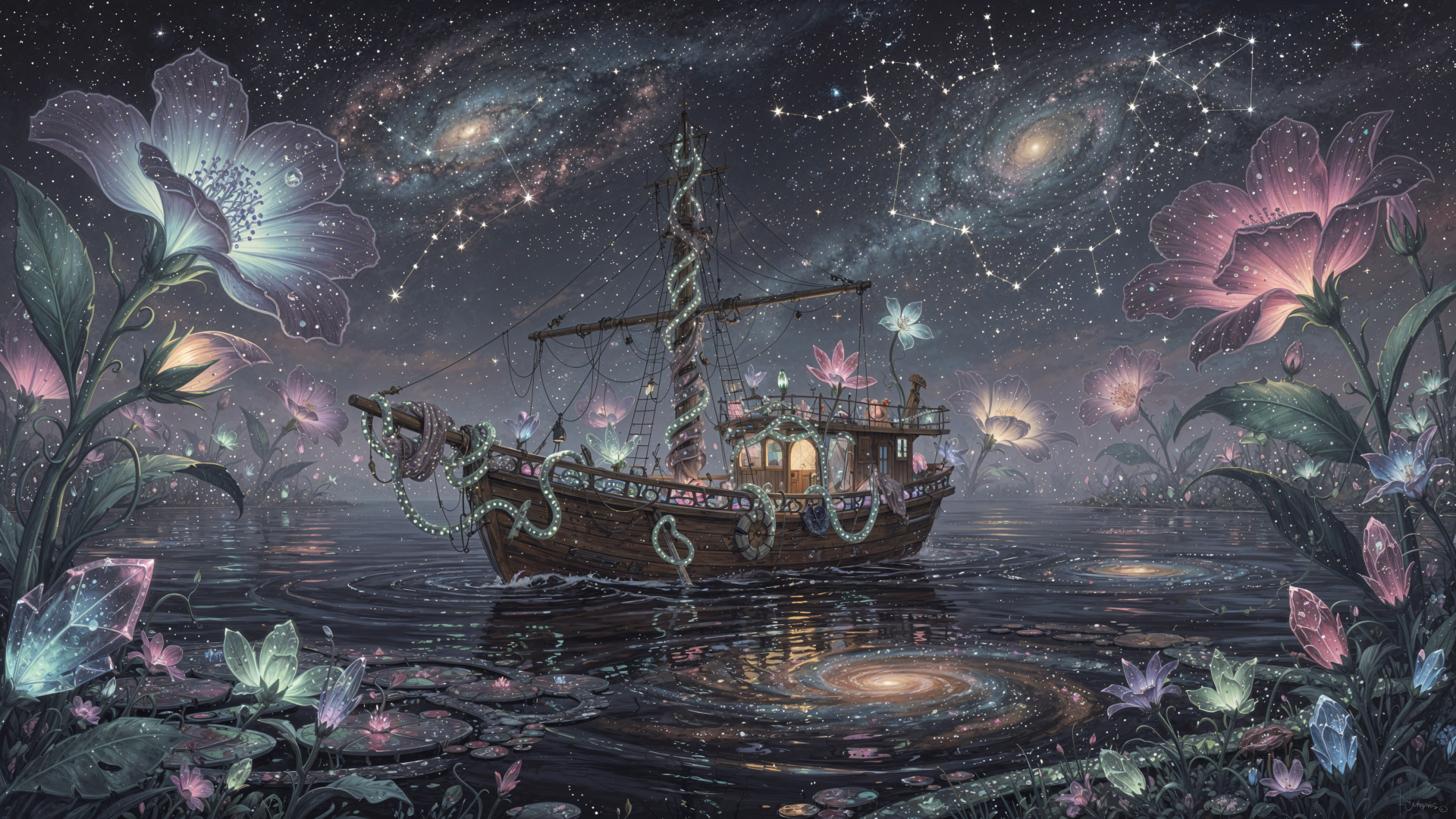 4K Ultra HD PC desktop wallpaper and background: a dreamlike fishing boat drifting on reflective waters beneath a star-filled galaxy, surrounded by glowing oversized flowers and shimmering lights.