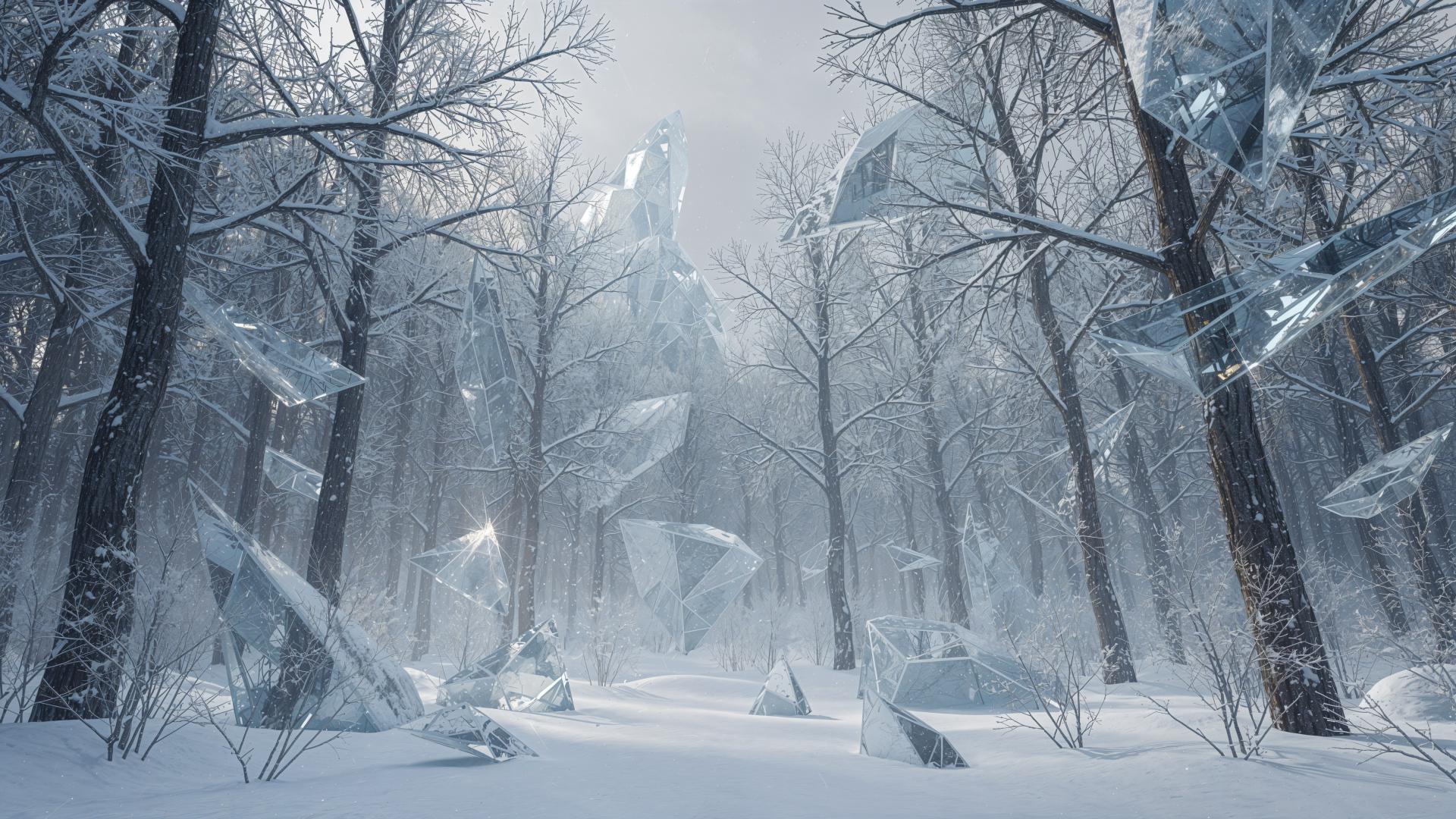 4K Ultra HD PC desktop wallpaper and background: snow-covered winter forest with bare trees and towering crystalline ice shards under a pale, misty sky.