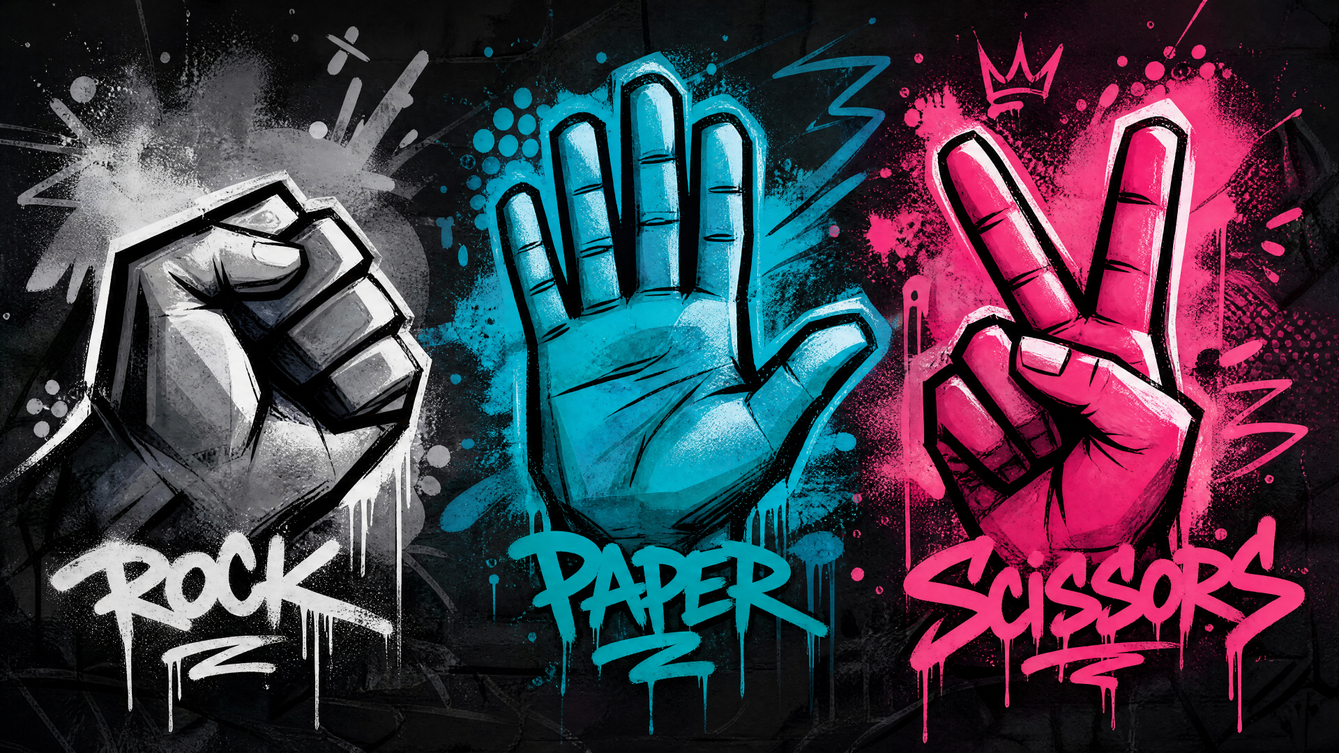 4K Ultra HD PC desktop wallpaper/background: graffiti-style rock, paper, scissors — gray fist, cyan open hand, magenta V-sign with paint-splatter accents.