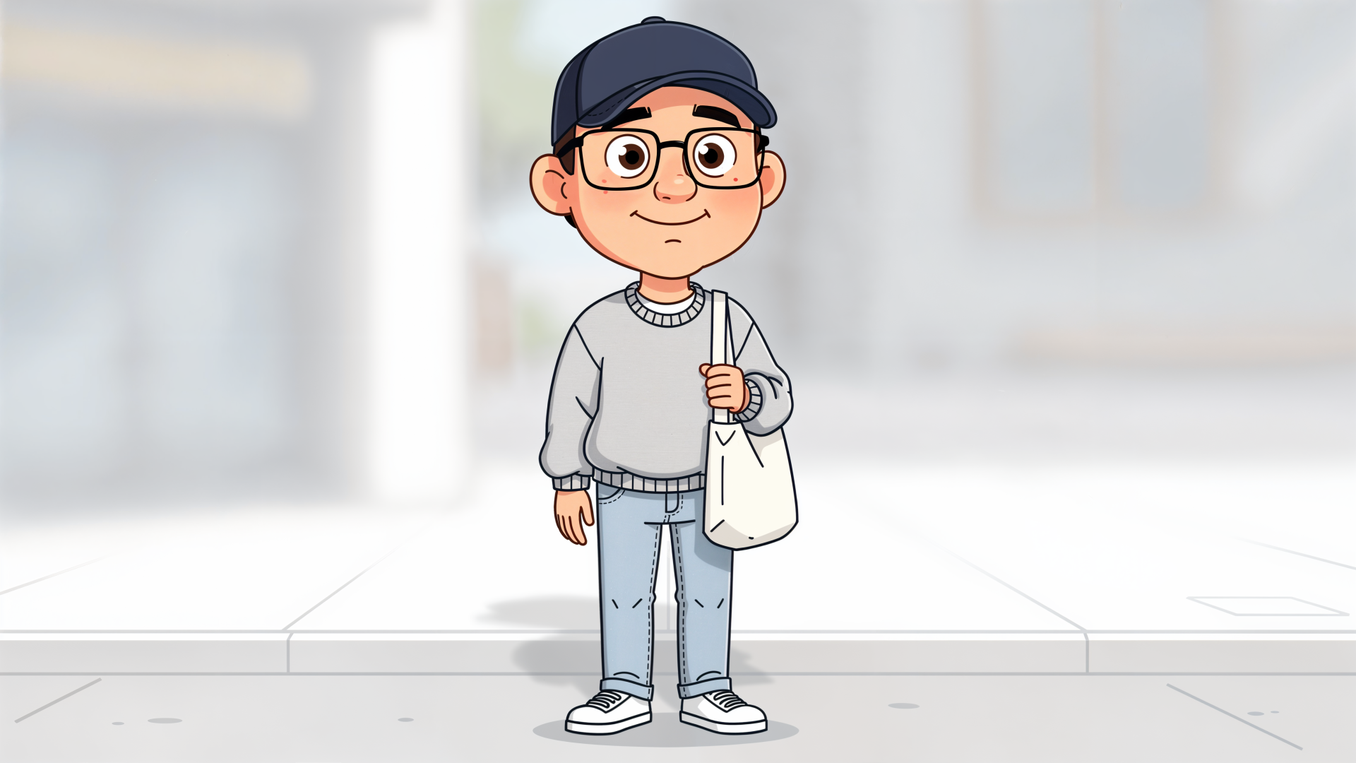 Normcore cartoon character in cap and glasses, gray sweater, jeans and tote bag on a blurred city sidewalk — 4K Ultra HD PC Desktop Wallpaper and Background.