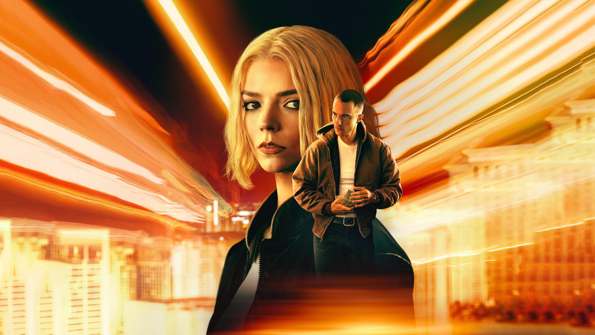 Lucky 4K Ultra HD PC desktop wallpaper/background: dramatic blonde woman and man framed by streaking neon city lights.