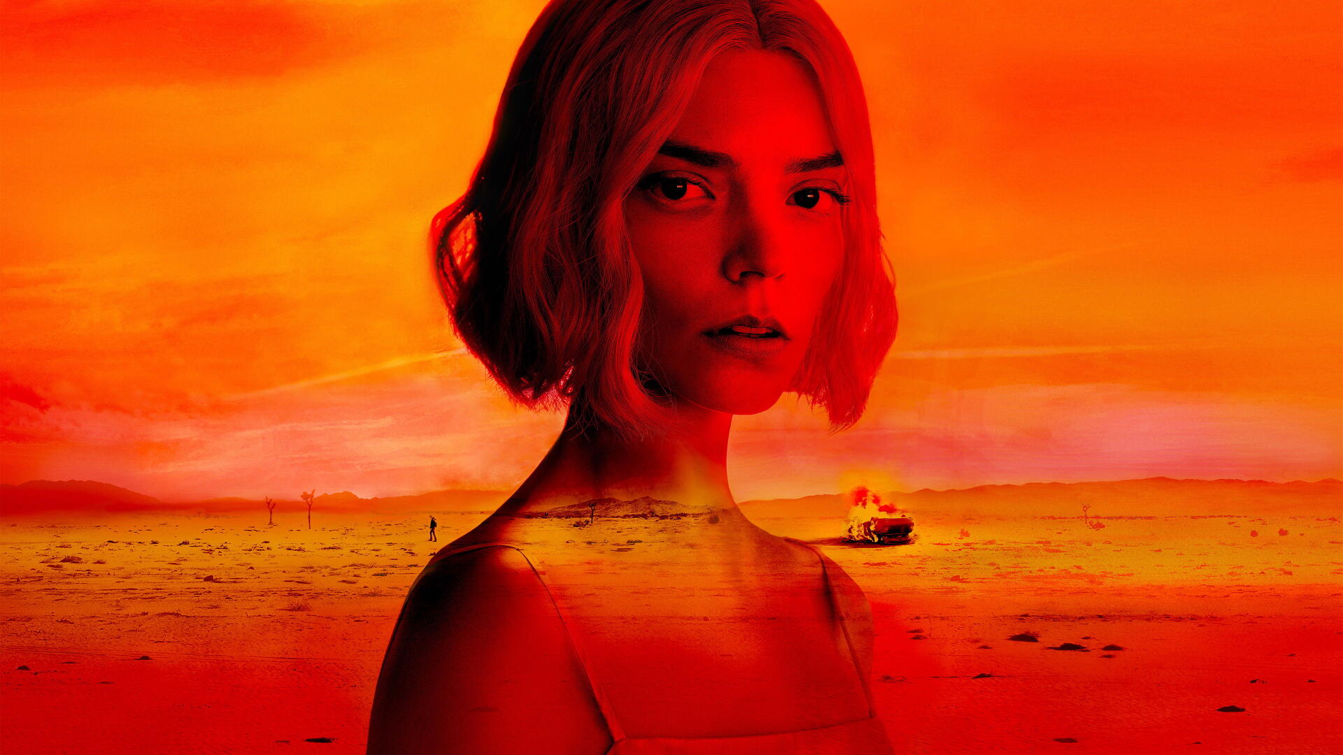 Lucky - 4K Ultra HD PC desktop wallpaper: red-orange double exposure of a woman's portrait over a vast sunlit shore with a lone boat and distant figure.