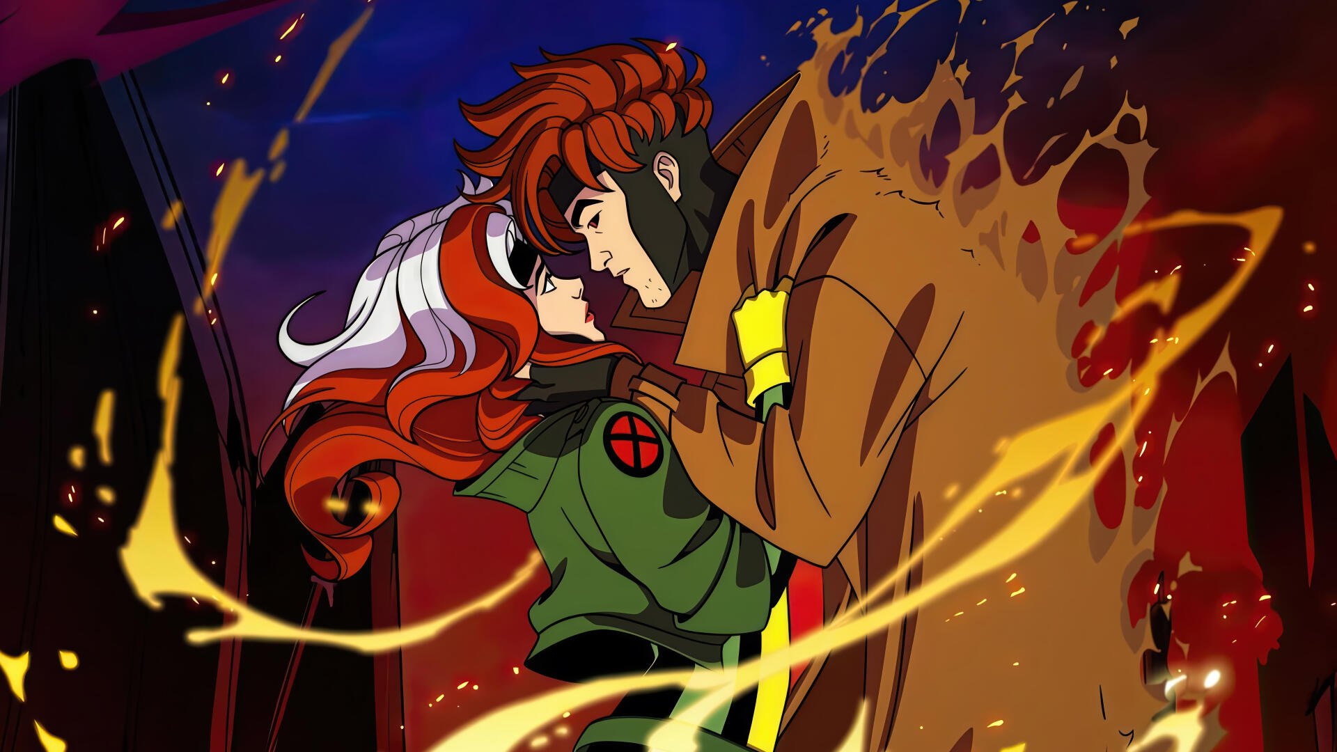X-Men '97 4K Ultra HD PC desktop wallpaper: Rogue and Gambit embrace, her green jacket with X, his brown trench coat, surrounded by swirling kinetic energy and fiery streaks.