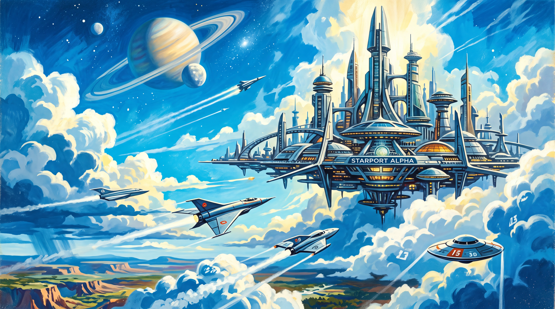 5K Ultra HD PC desktop wallpaper of a vibrant sci‑fi floating city above clouds, ringed planet overhead, sleek spacecraft streaking past and distant rocky landscapes.