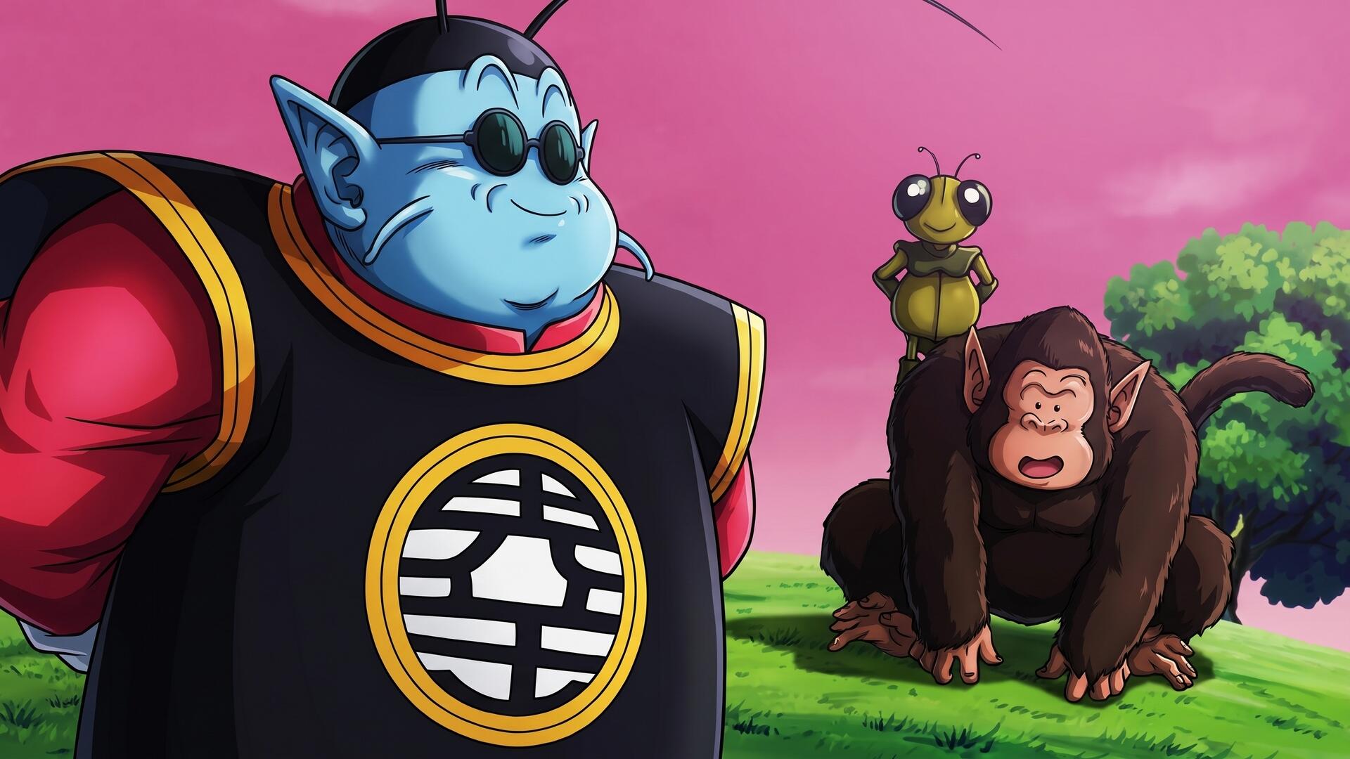 HD PC desktop wallpaper from Dragon Ball Z: Kaio (Dragon Ball) in sunglasses stands on grass with his insect and monkey companions beneath a pink sky — anime background.