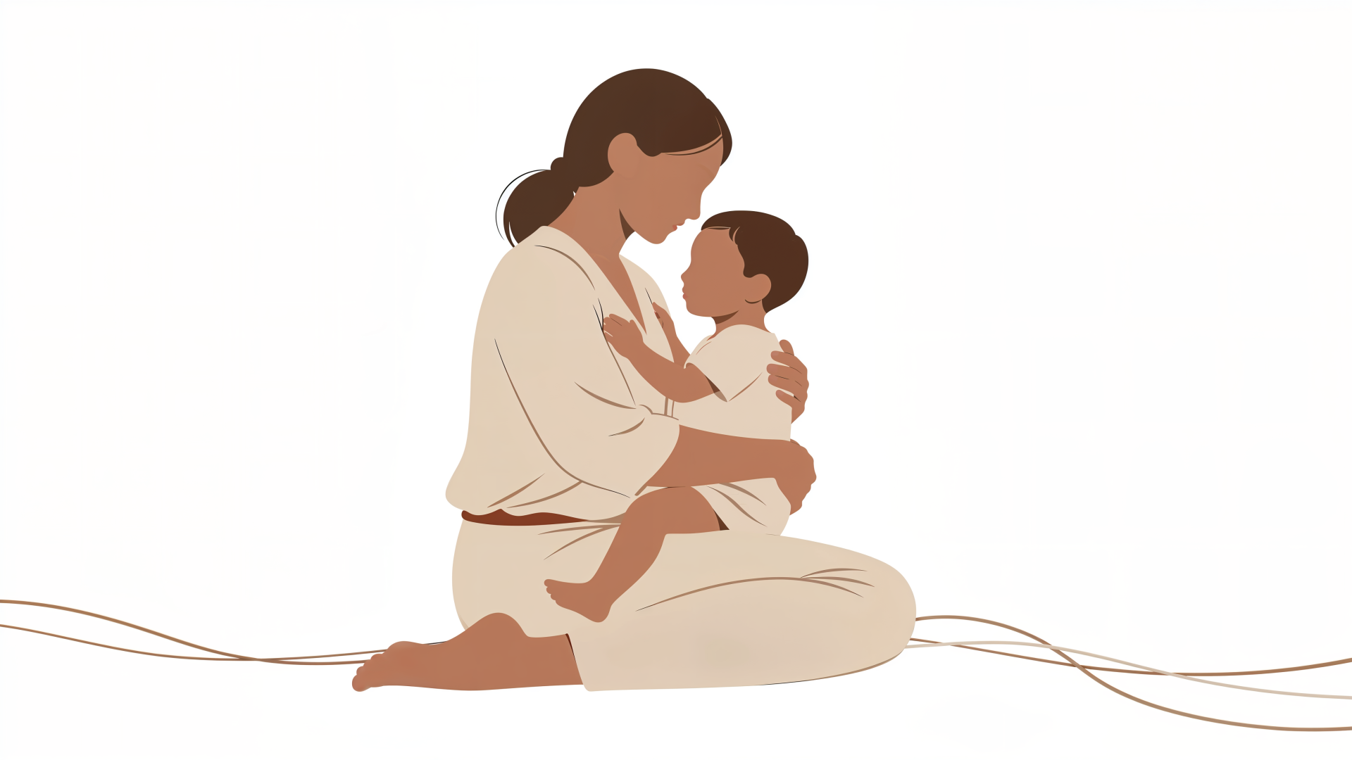 4K Ultra HD PC desktop wallpaper: warm minimalist illustration of a mother kneeling and embracing her child on a clean white background.