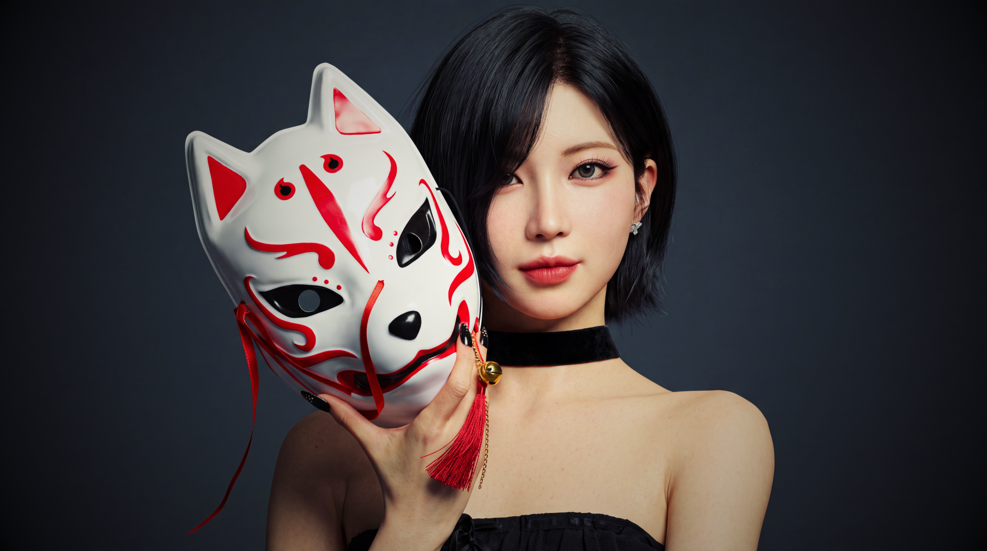 Japanese model in K-pop idol style holding a red-and-white kitsune (fox) mask against a dark backdrop — 5K Ultra HD BABYMONSTER-themed desktop wallpaper