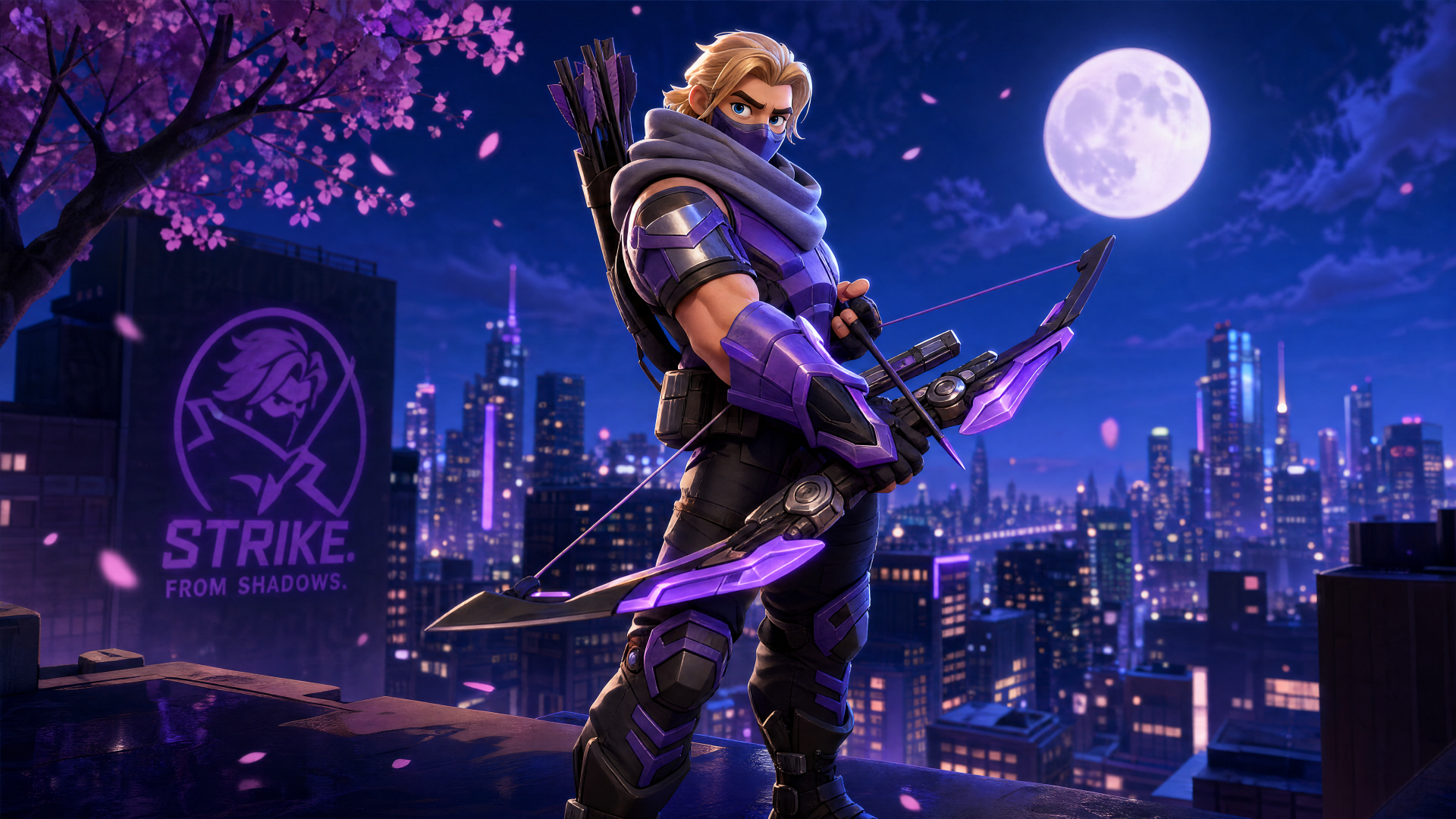 Marvel Rivals 4K Ultra HD PC desktop wallpaper: purple-clad archer with glowing bow on a rooftop under a full moon, neon city skyline and cherry blossoms.