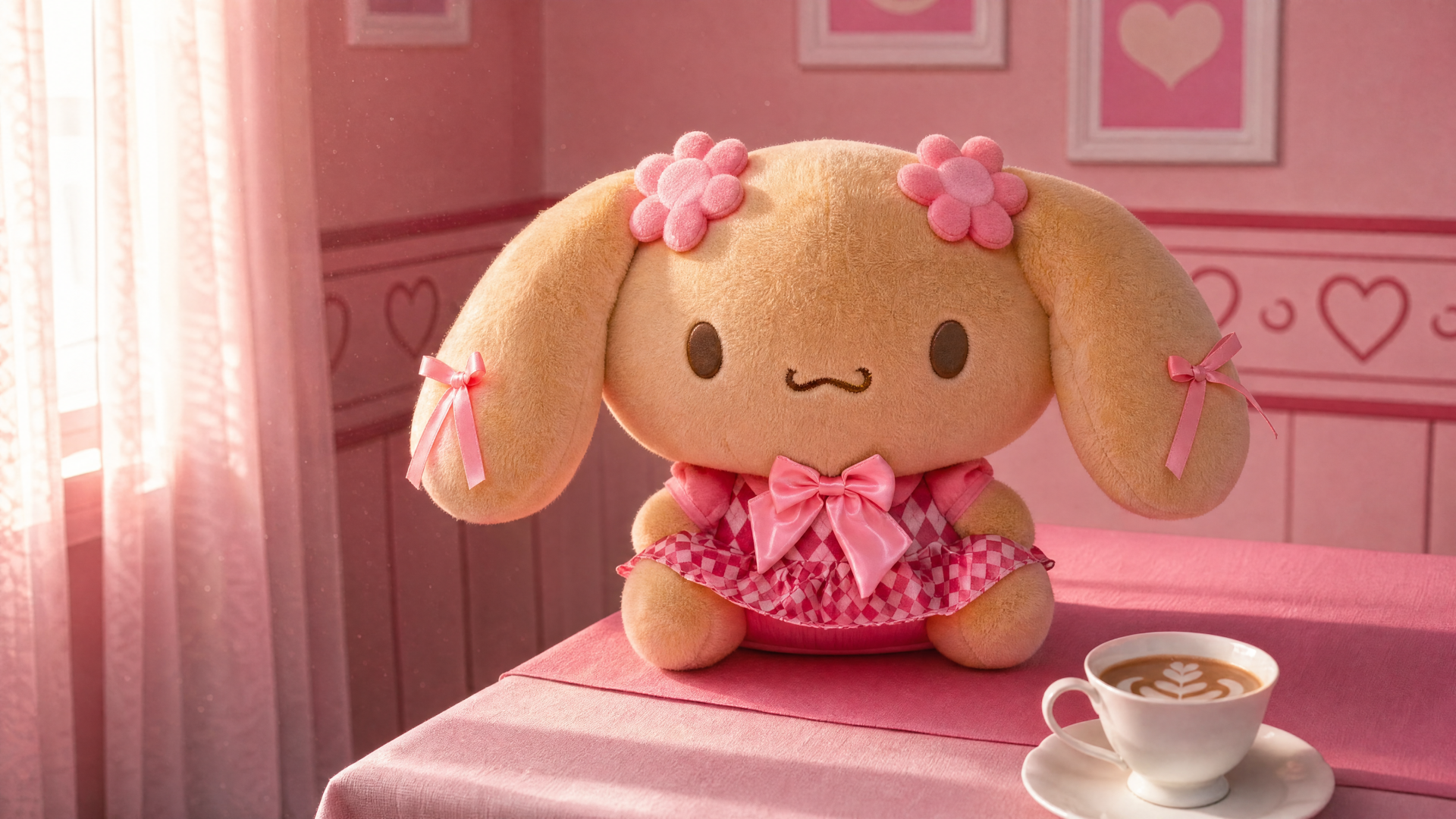 Lovelymocha 4K Ultra HD PC desktop wallpaper: plush pink bunny with flowered ears and bow dress on a pink table in a heart-decorated room beside a cup of coffee.