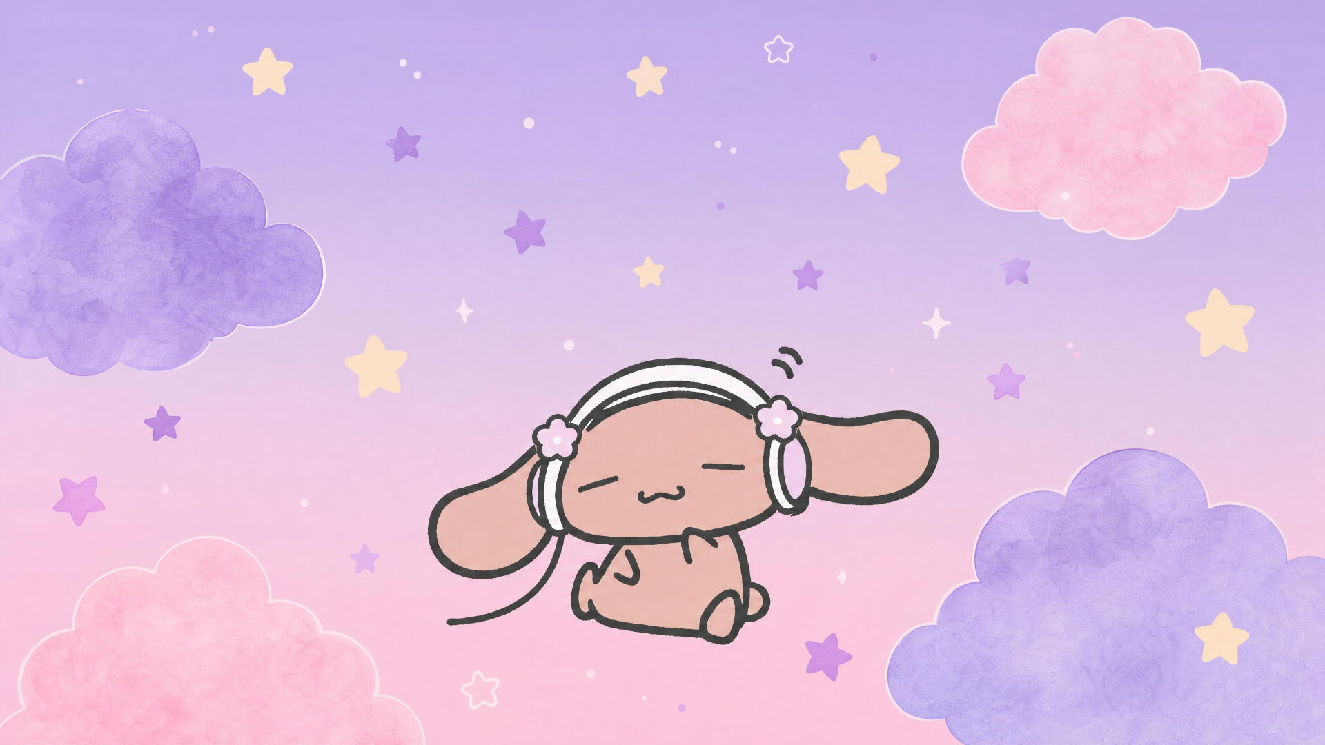 Lovelymocha 4K Ultra HD PC desktop wallpaper: pastel pink–purple sky with fluffy clouds and stars, a cute headphone-wearing bunny floating peacefully in a dreamy background.