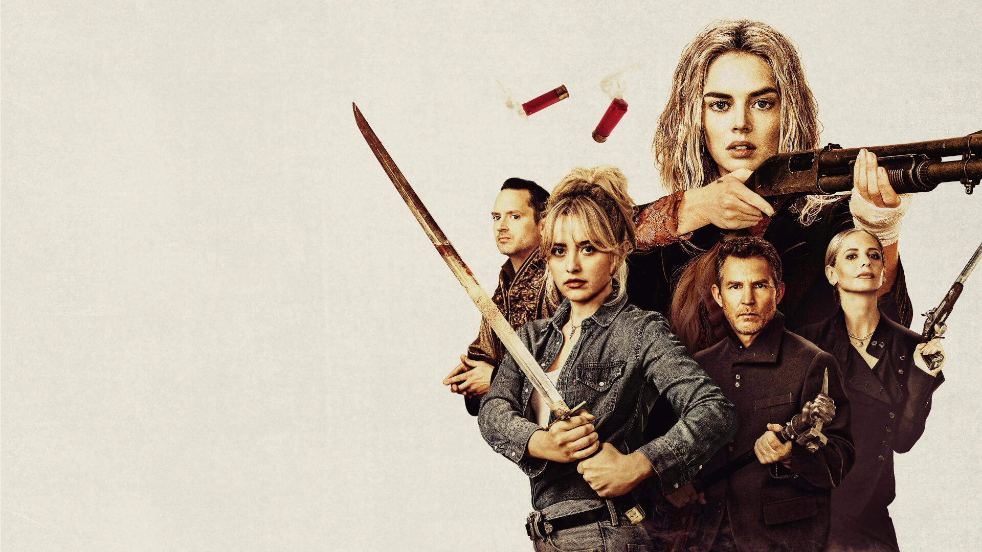 Ready or Not 2 4K Ultra HD PC desktop wallpaper: five tense, armed figures—one with a shotgun, one brandishing a sword—posed against a pale background with flying shotgun shells.