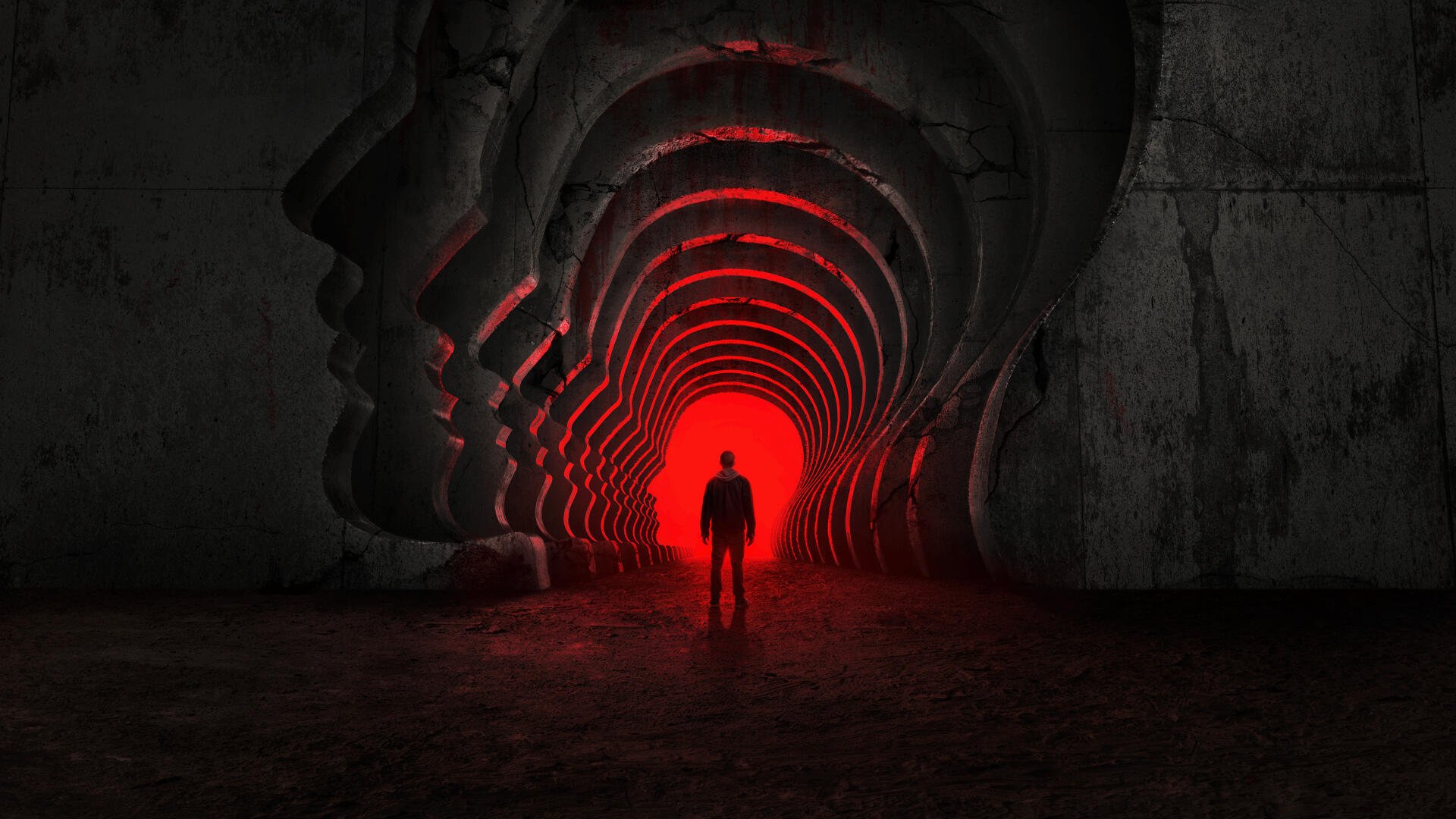 Criminal Minds 4K Ultra HD PC desktop wallpaper and background: lone silhouette faces a glowing red portal in a cavernous tunnel formed by repeated carved human profiles.