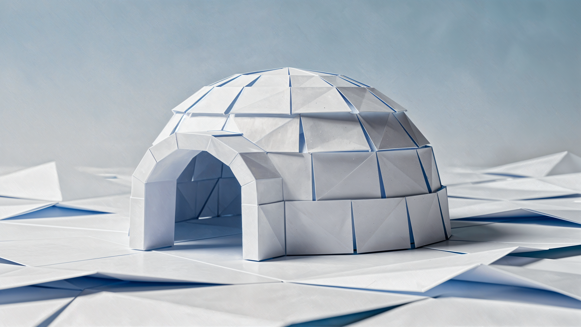 White igloo on a folded-paper geometric snowfield, crisp 4K Ultra HD PC desktop wallpaper and background.