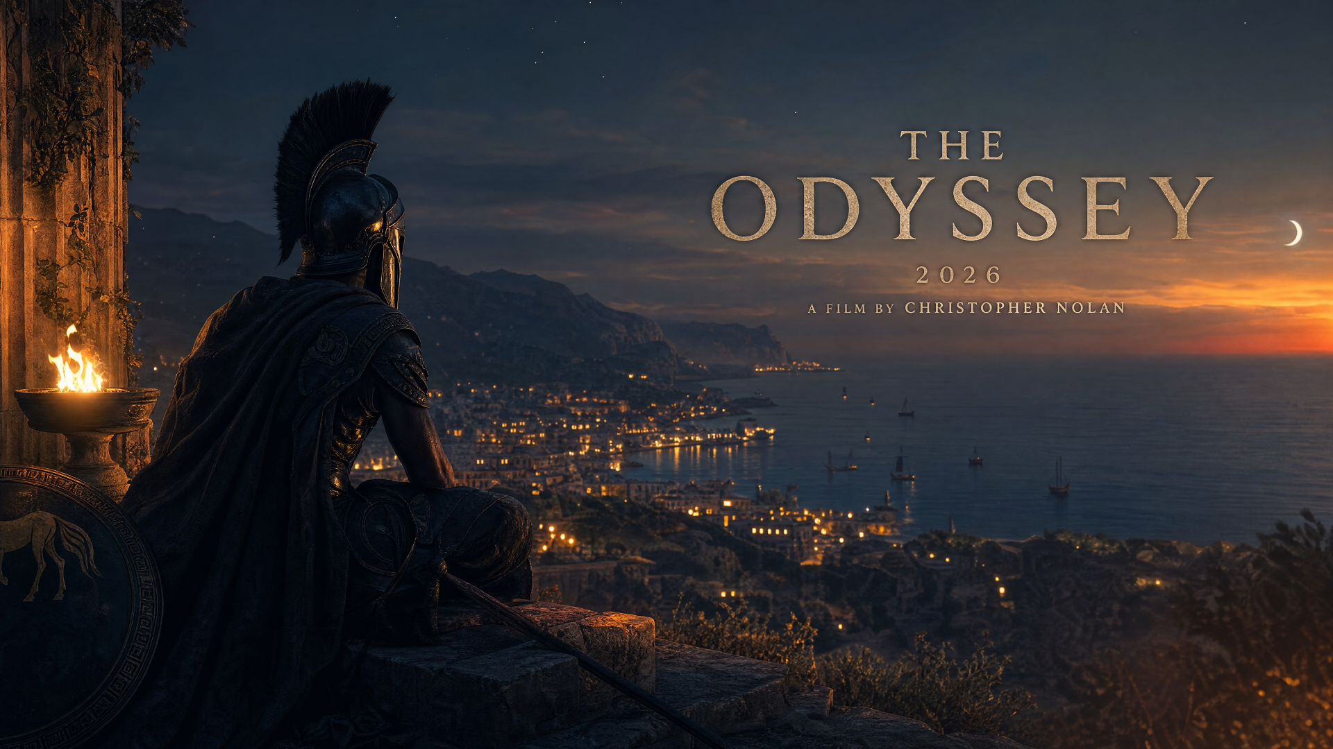 The Odyssey (2026) 4K Ultra HD PC desktop wallpaper: a helmeted warrior sits on a cliff at dusk overlooking a glowing coastal city and harbor under a moody sky.