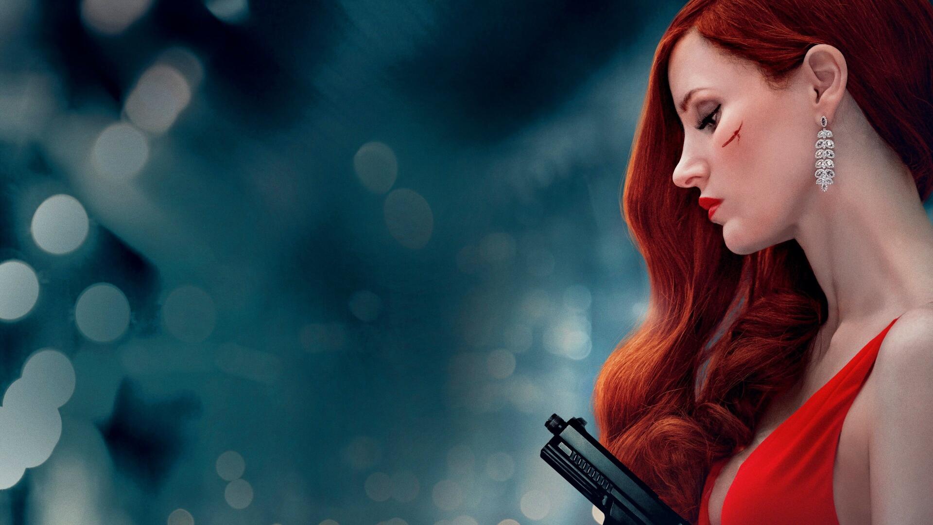Ava: 4K Ultra HD PC desktop wallpaper/background of a red-haired woman in a red dress holding a pistol, set against a soft blue bokeh backdrop.